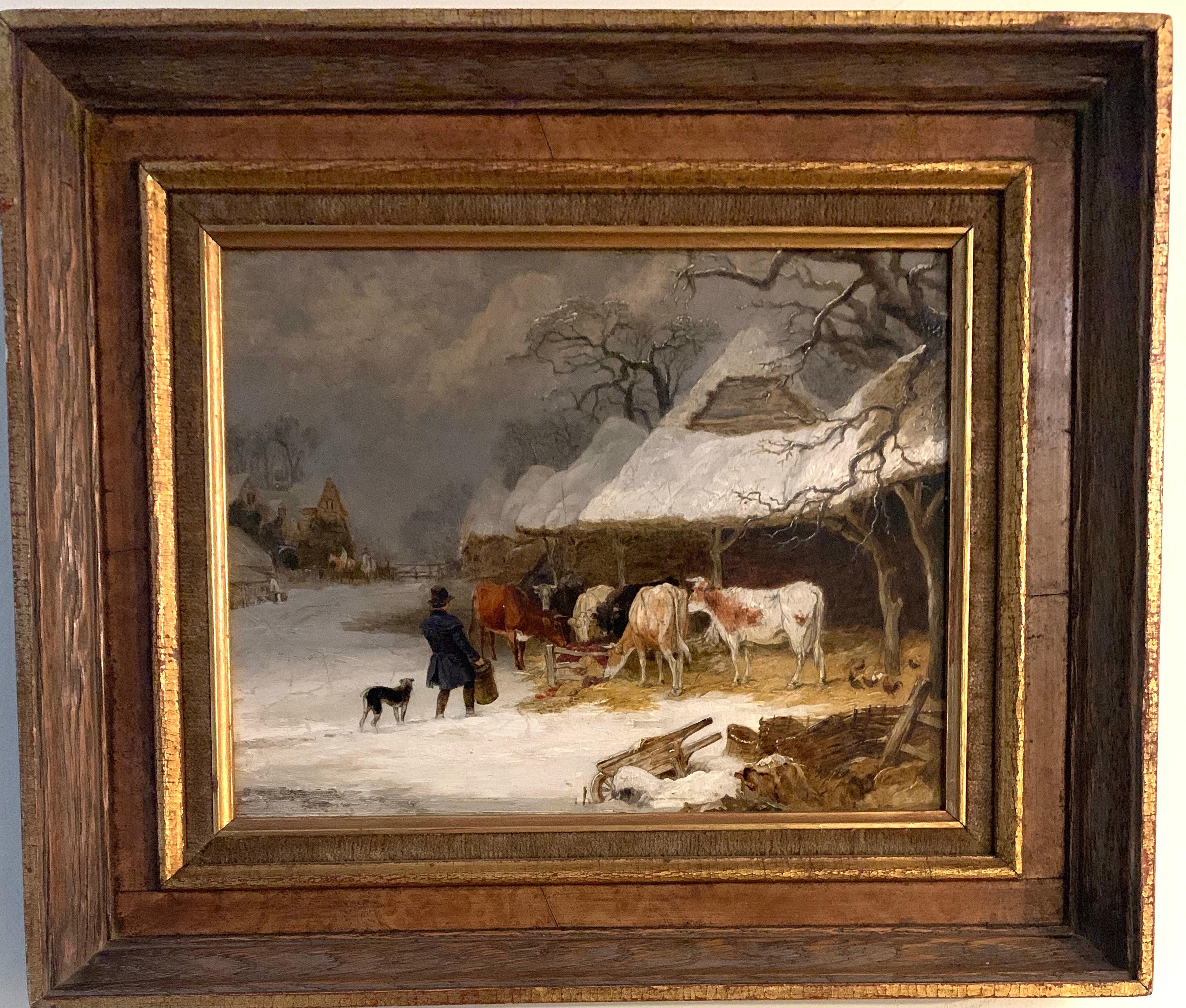 Edmund Bristow Landscape Painting - English 19th century landscape in oils of a man feeding the cows in the snow