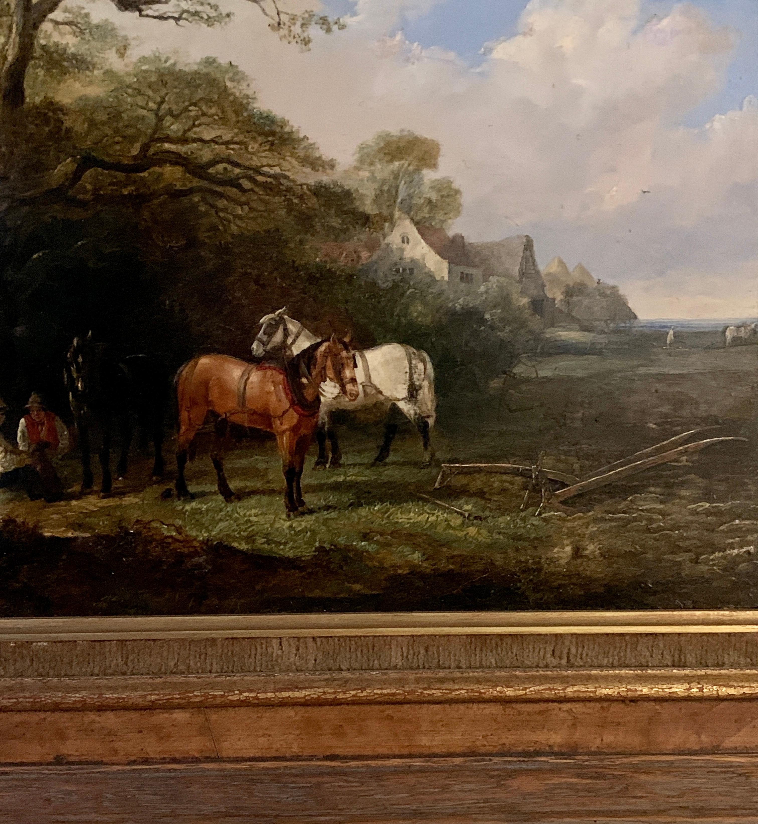 English 19th century landscape in oils of men resting with their work horses - Painting by Edmund Bristow