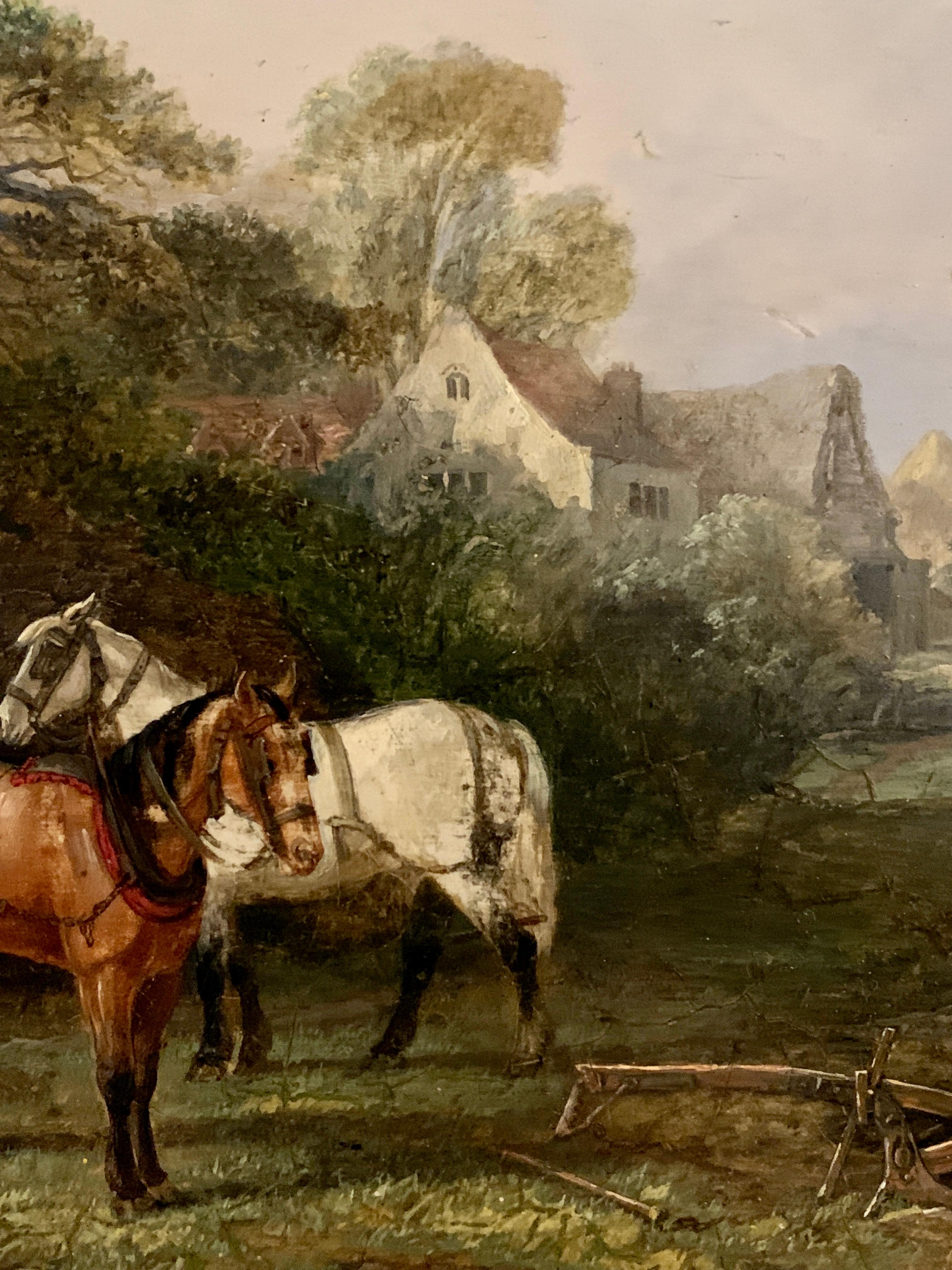 English 19th century landscape in oils of men resting with their work horses - Brown Figurative Painting by Edmund Bristow