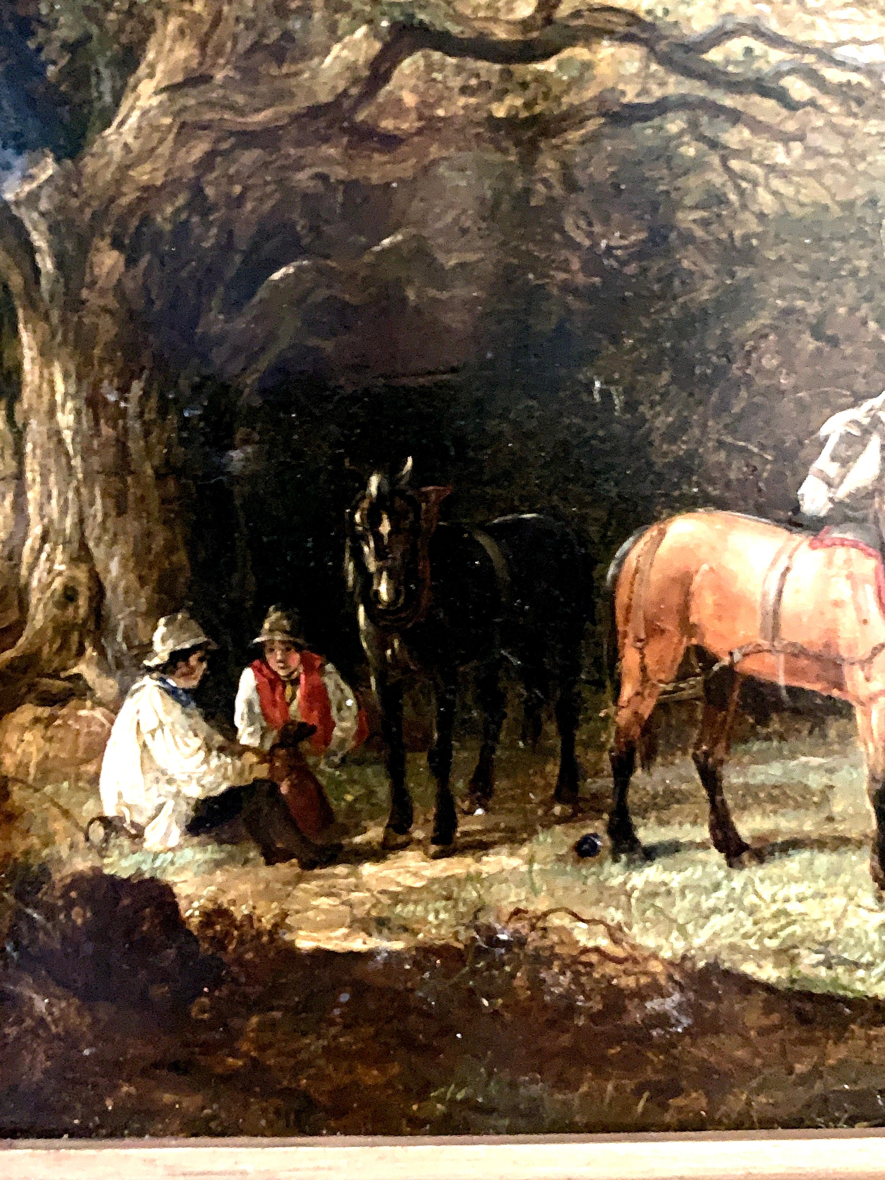 English 19th century landscape in oils of men resting with their workhorses

Painted circa 1840 this is an outstanding quality English landscape. The artist builds up layer upon layer of translucent paint which ends up giving the paintings an almost