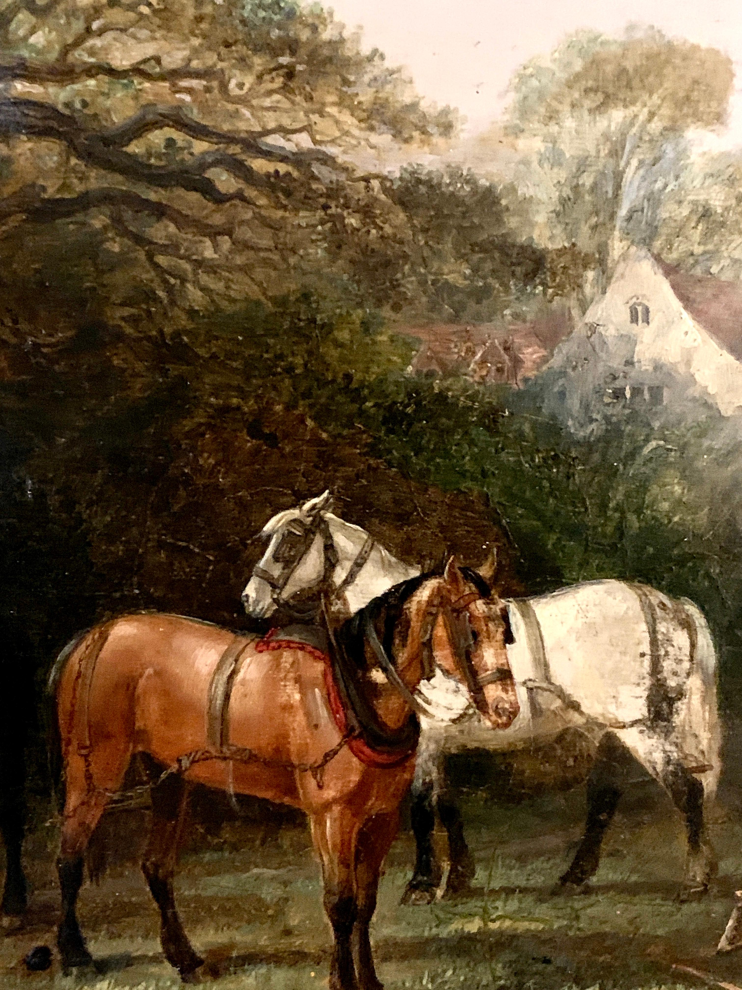 English 19th century landscape in oils of men resting with their work horses 2