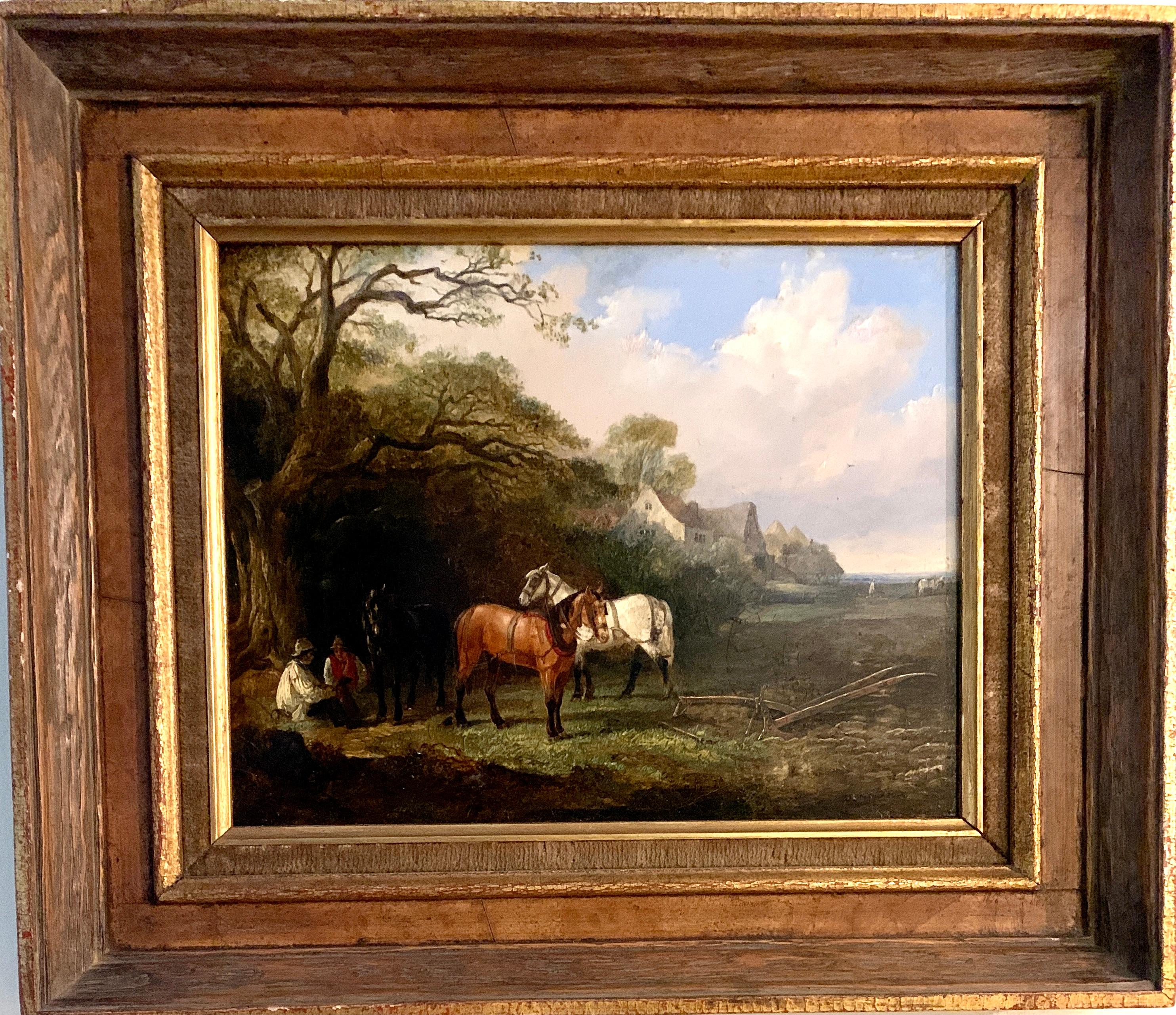 Edmund Bristow Figurative Painting - English 19th century landscape in oils of men resting with their work horses