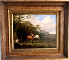 English 19th century landscape in oils of men resting with their work horses