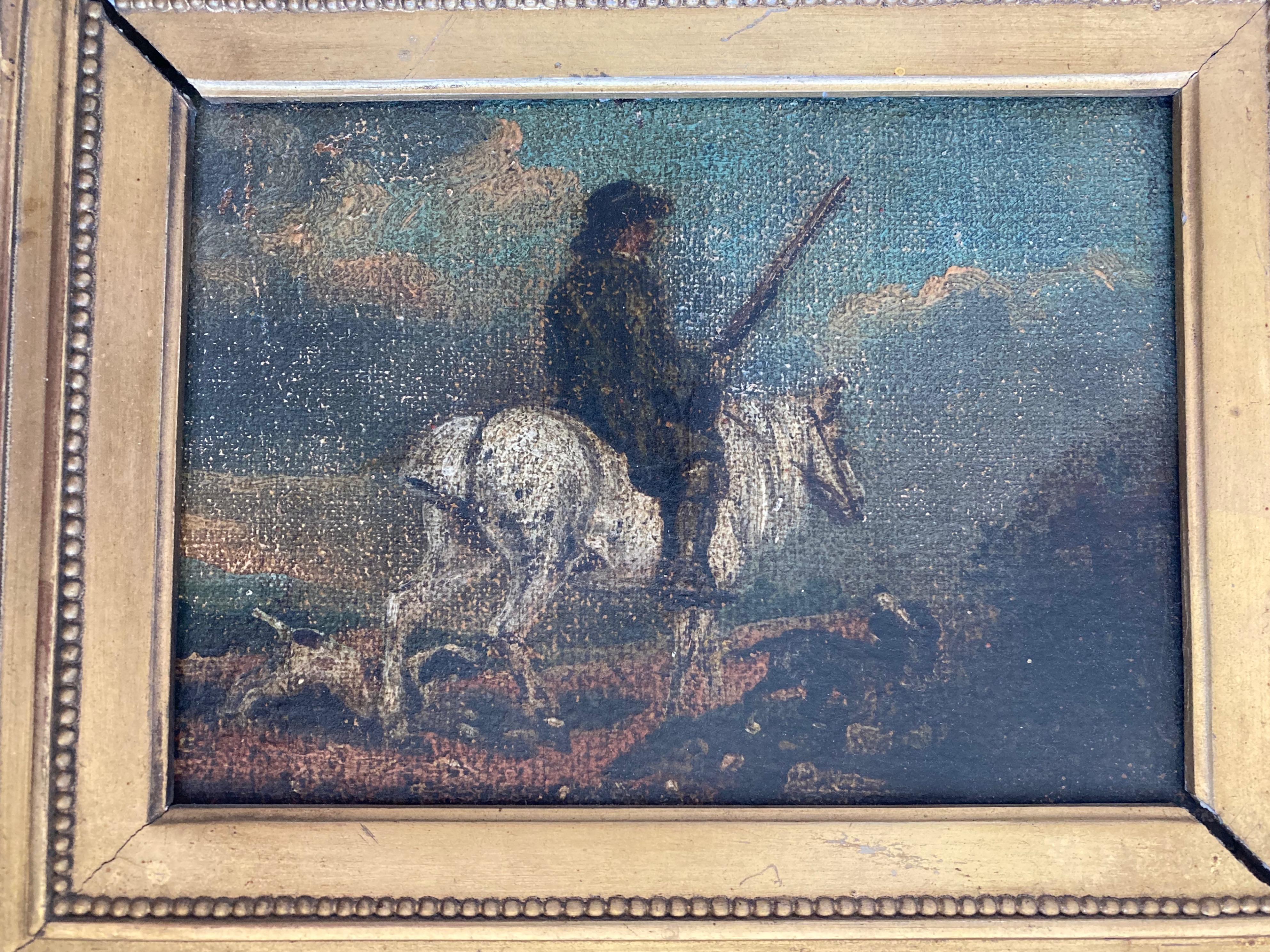 A charming rustic scene with a huntsman on horseback with his hounds.

Follower of Edmund Bristow, early 19th Century
Huntsman and hounds
Oil on canvas laid down on board
4 x 5½ inches without the frame
10 x 11¾ inches including the frame
