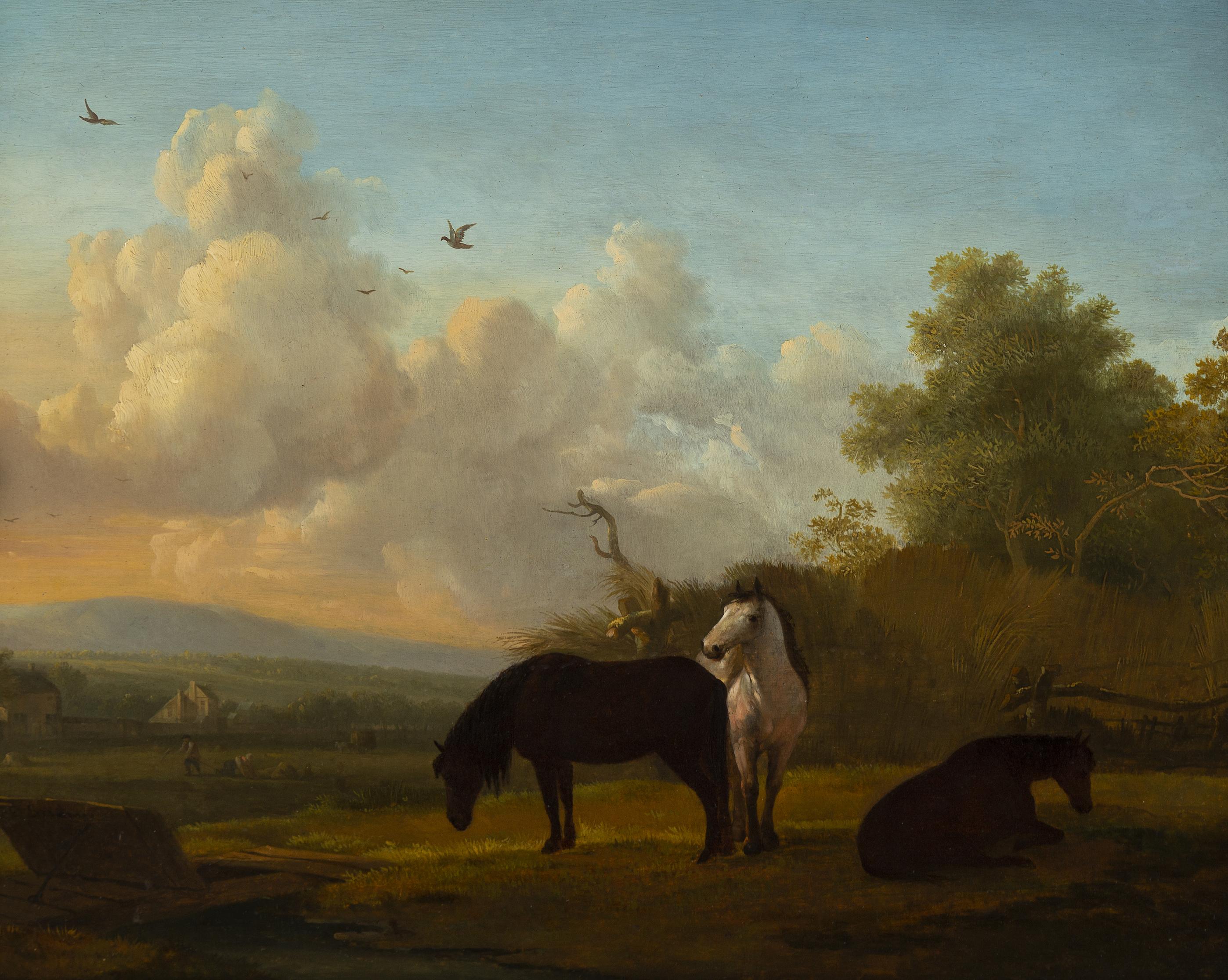 Edmund Bristow Animal Painting - Horses Grazing by a Stream, 19th century.