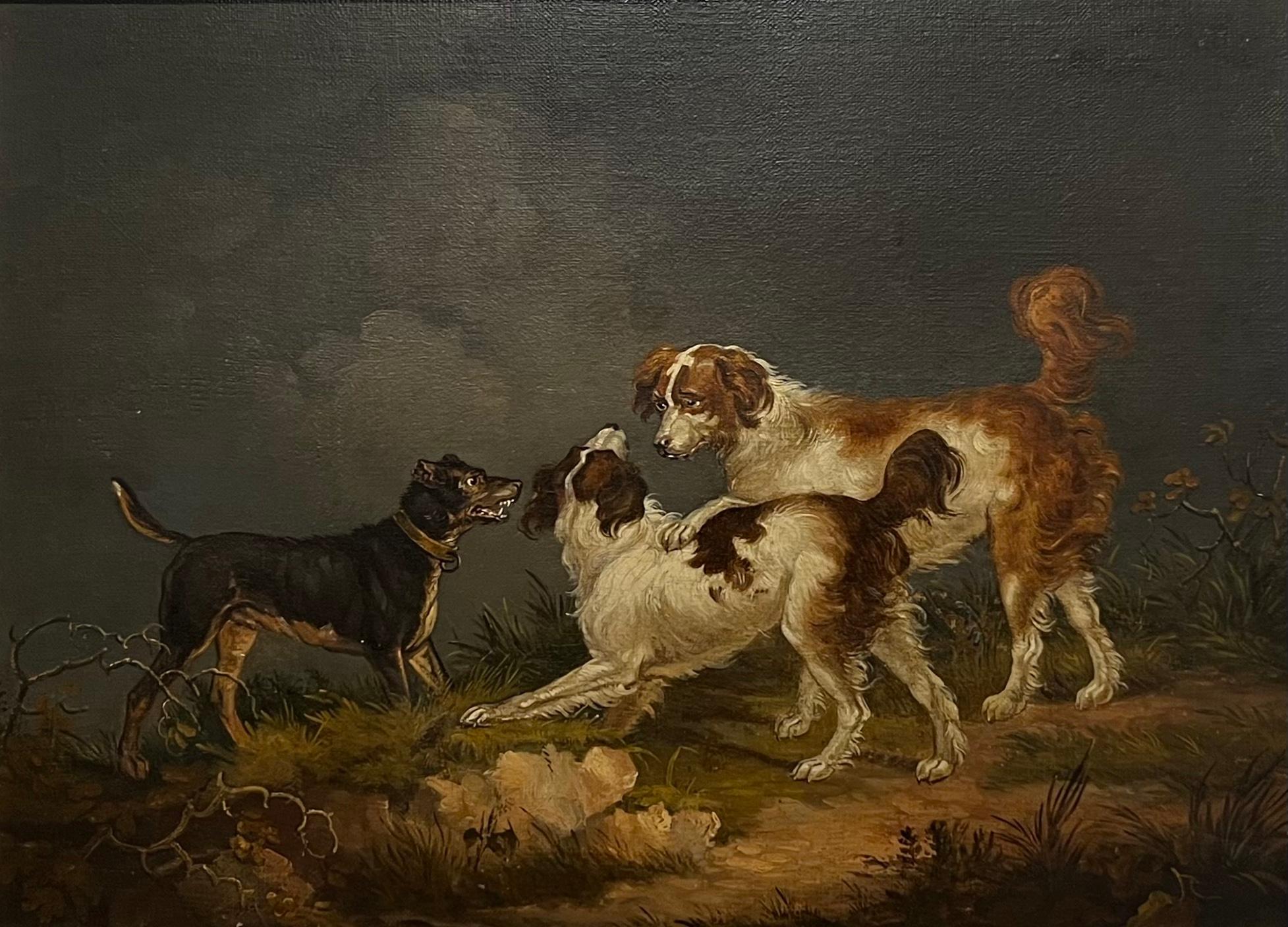 Spaniels and a terrier in a landscape - Painting by Edmund Bristow
