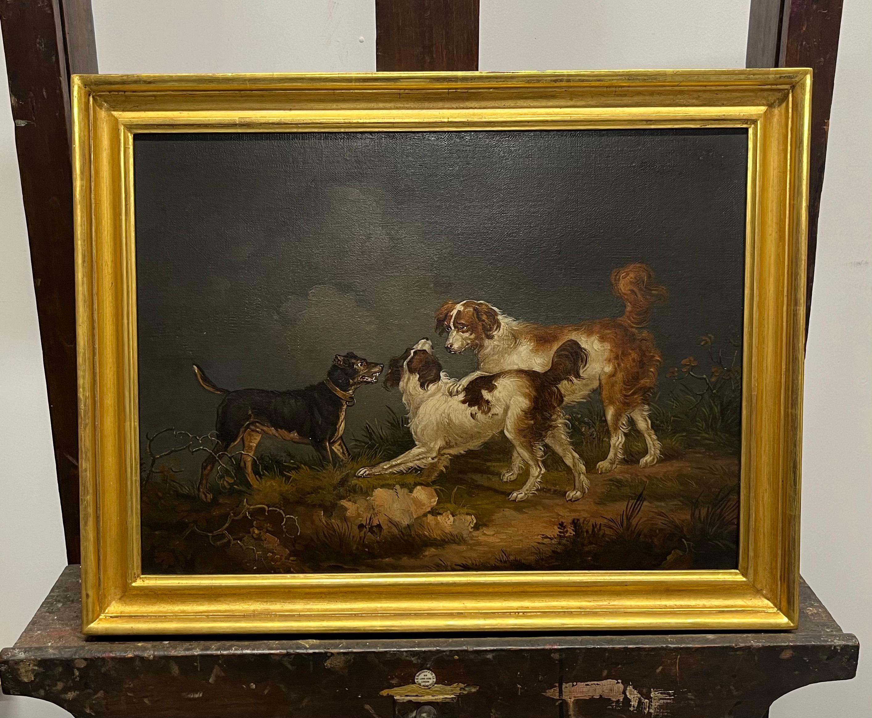 Edmund Bristow (1787-1876)
Spaniels and a terrier in a landscape
Oil on canvas
Canvas size 14 x 19 in
Framed size - 16 1/2 x 21 1/4

Edmund Bristow was born in Windsor on 1st April 1787 and spent his whole life there. He had a reputation as rather