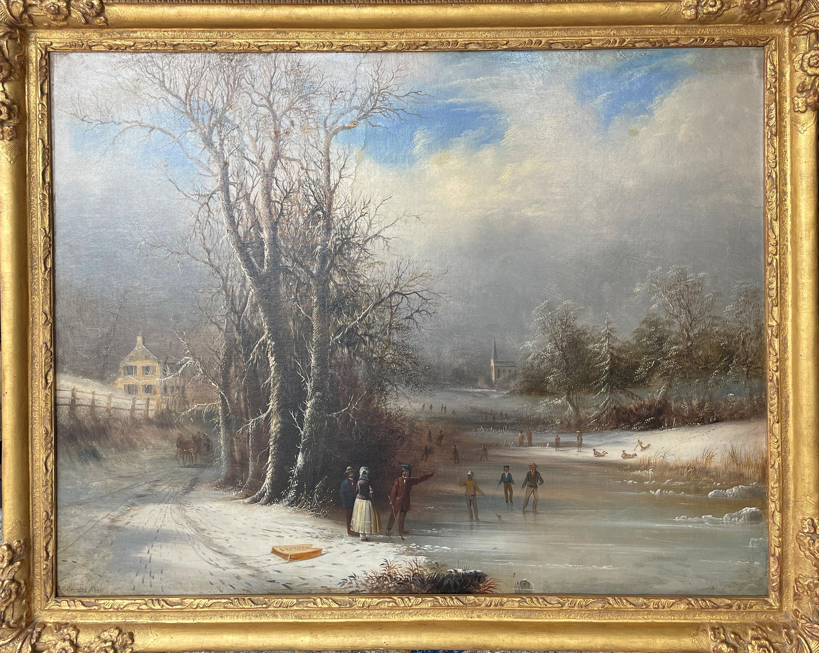 « Américain », Edmund Coates, Hudson River School, Guerre de Sécession, Paysage de patineurs sur les flèches - Painting de Edmund C. Coates