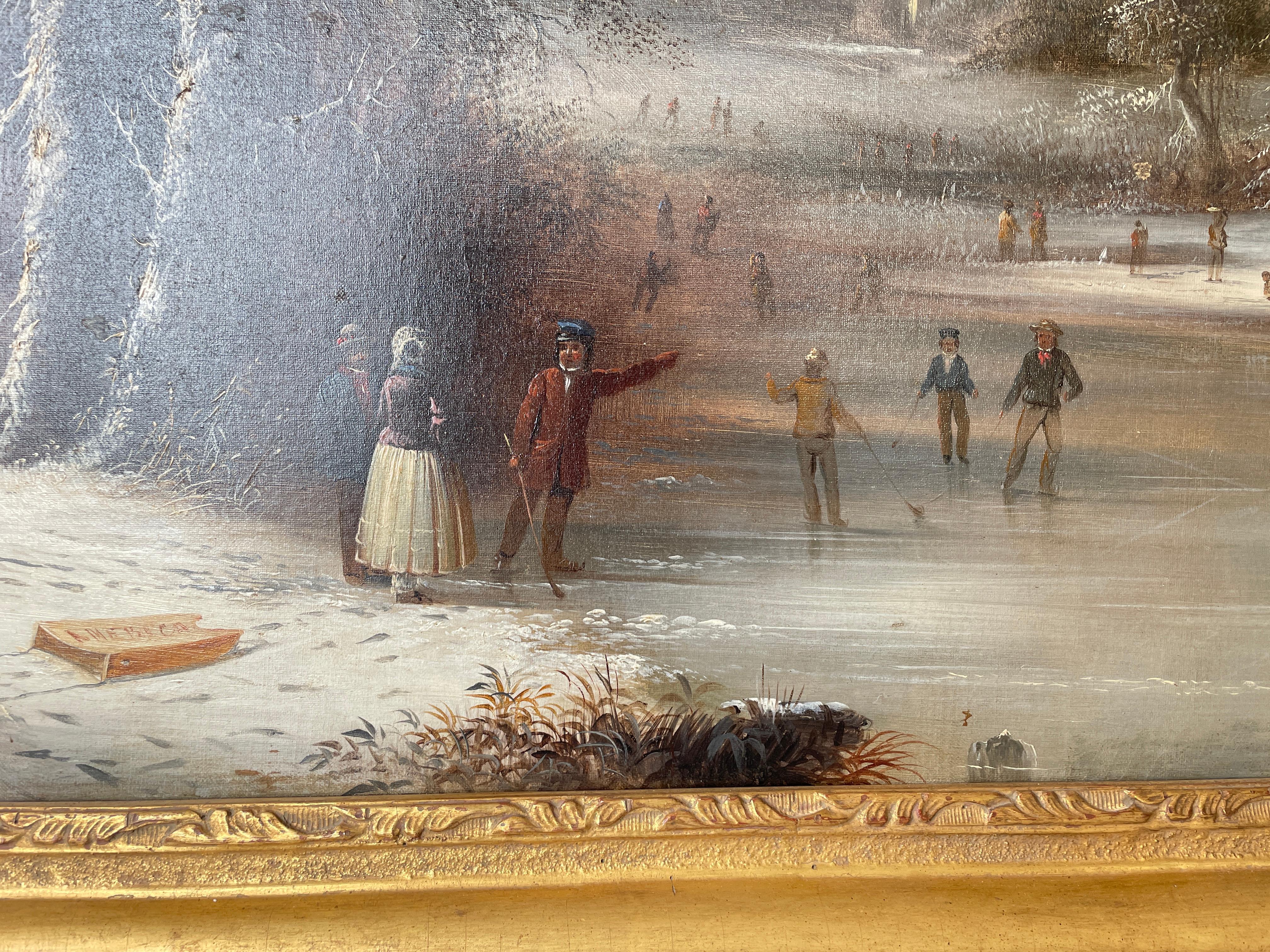 « Américain », Edmund Coates, Hudson River School, Guerre de Sécession, Paysage de patineurs sur les flèches - Gris Landscape Painting par Edmund C. Coates