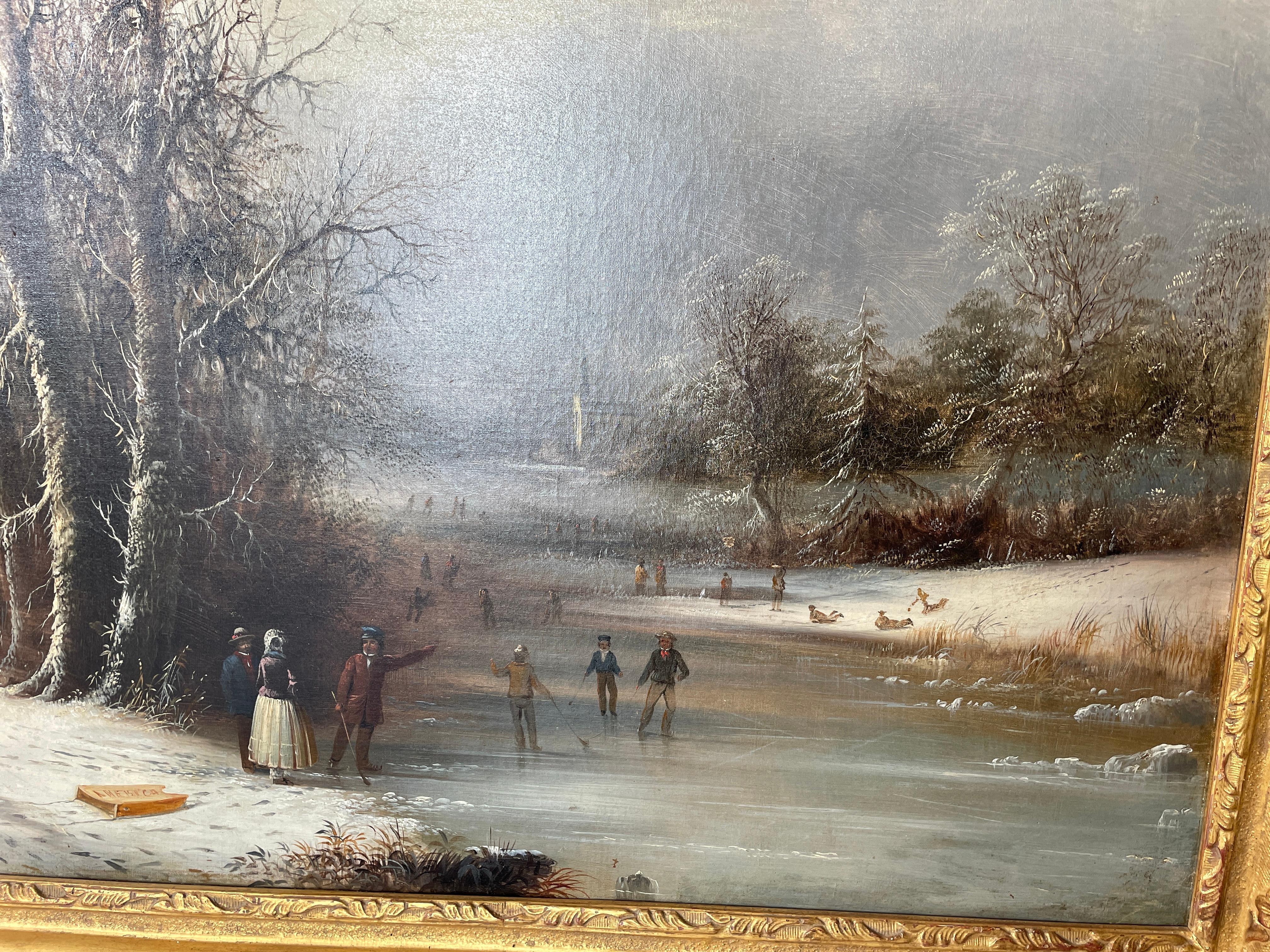 « Américain », Edmund Coates, Hudson River School, Guerre de Sécession, Paysage de patineurs sur les flèches en vente 1
