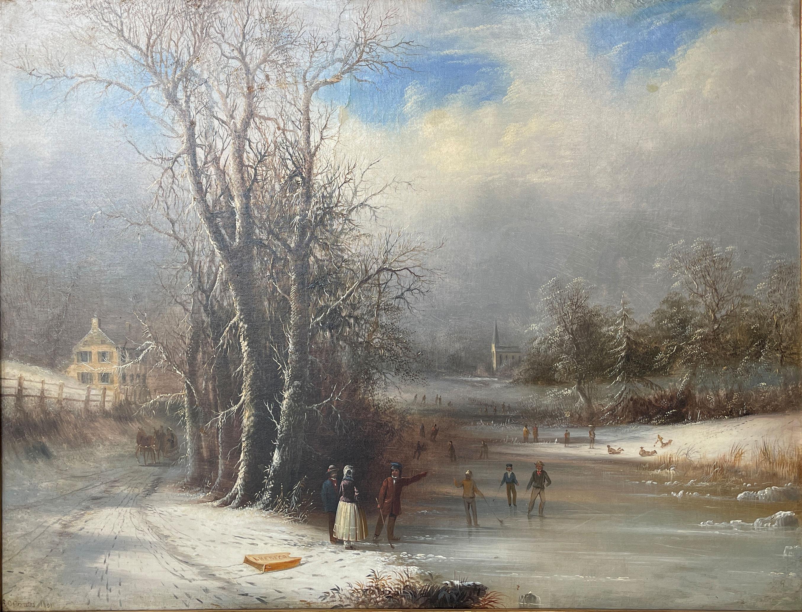 Landscape Painting Edmund C. Coates - « Américain », Edmund Coates, Hudson River School, Guerre de Sécession, Paysage de patineurs sur les flèches