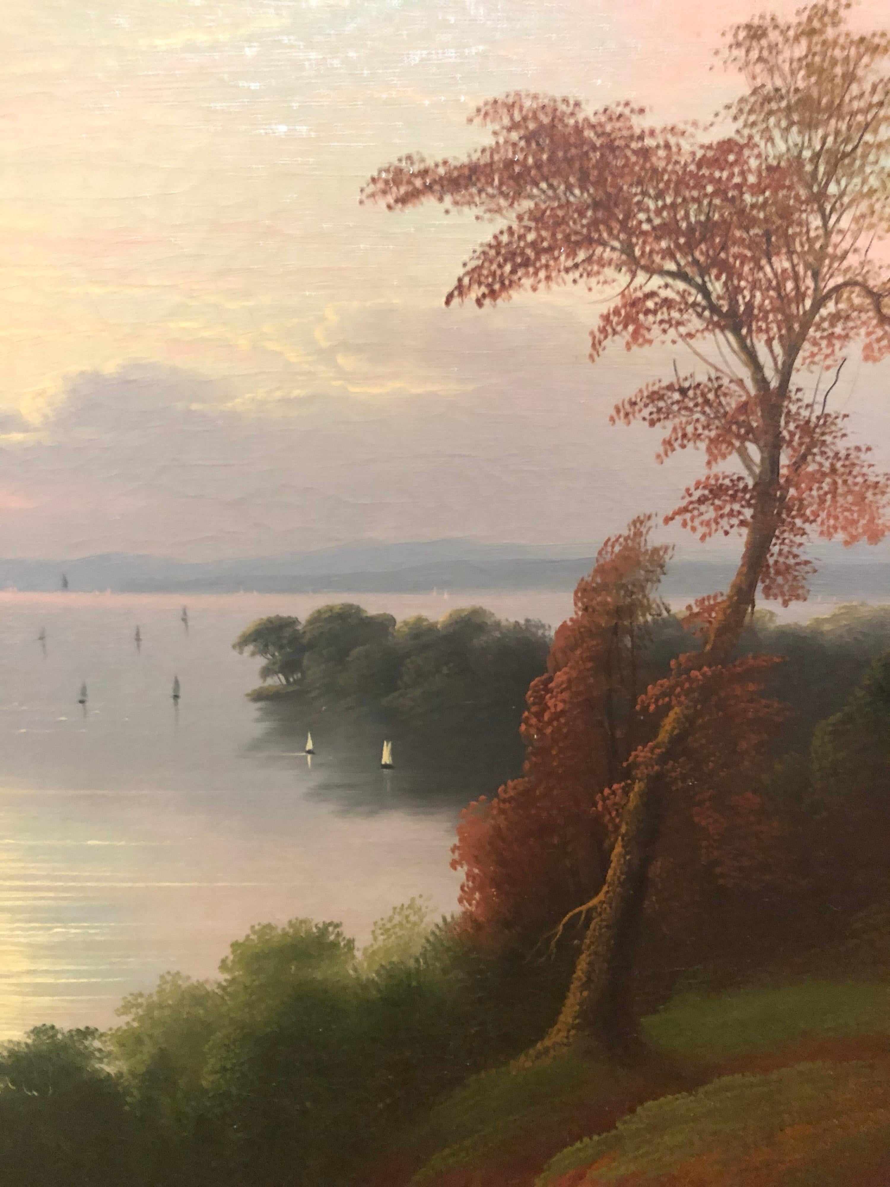 Edmund Coates (1816 - 1871)
Saratoga Lake, 1855
Oil on canvas
21 x 25 5/8 inches (oval)
Signed and dated lower center

Provenance: 
Private Collection, Pittsburgh, Pennsylvania
Godel & Co. Fine Art, New York
Dr. Elliot Vessel, Hershey, Pennsylvania