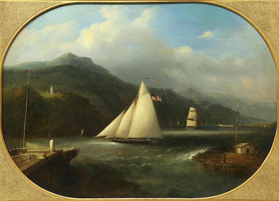 Edmund C. Coates (Born England 1816; died America 1871) . A dynamic Hudson River School gilt-framed oil on canvas of impressive scale depicting Caldwell's Landing with multiple figures on the dock. The painting further features a central sailboat