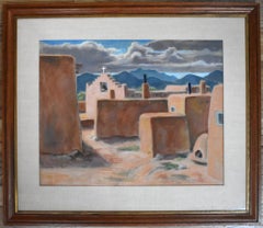 "ADOBE CHURCH" NEW MEXICO DATIERT 1943 GERAHMT 28,75 X 33,25