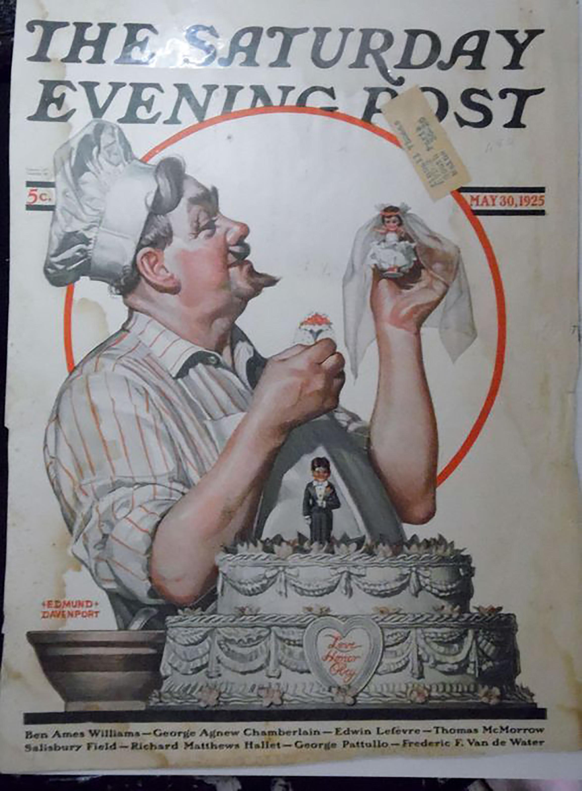 Le Chef et le gâteau de mariage, couverture de table de soirée du samedi - Gris Figurative Painting par Edmund Davenport