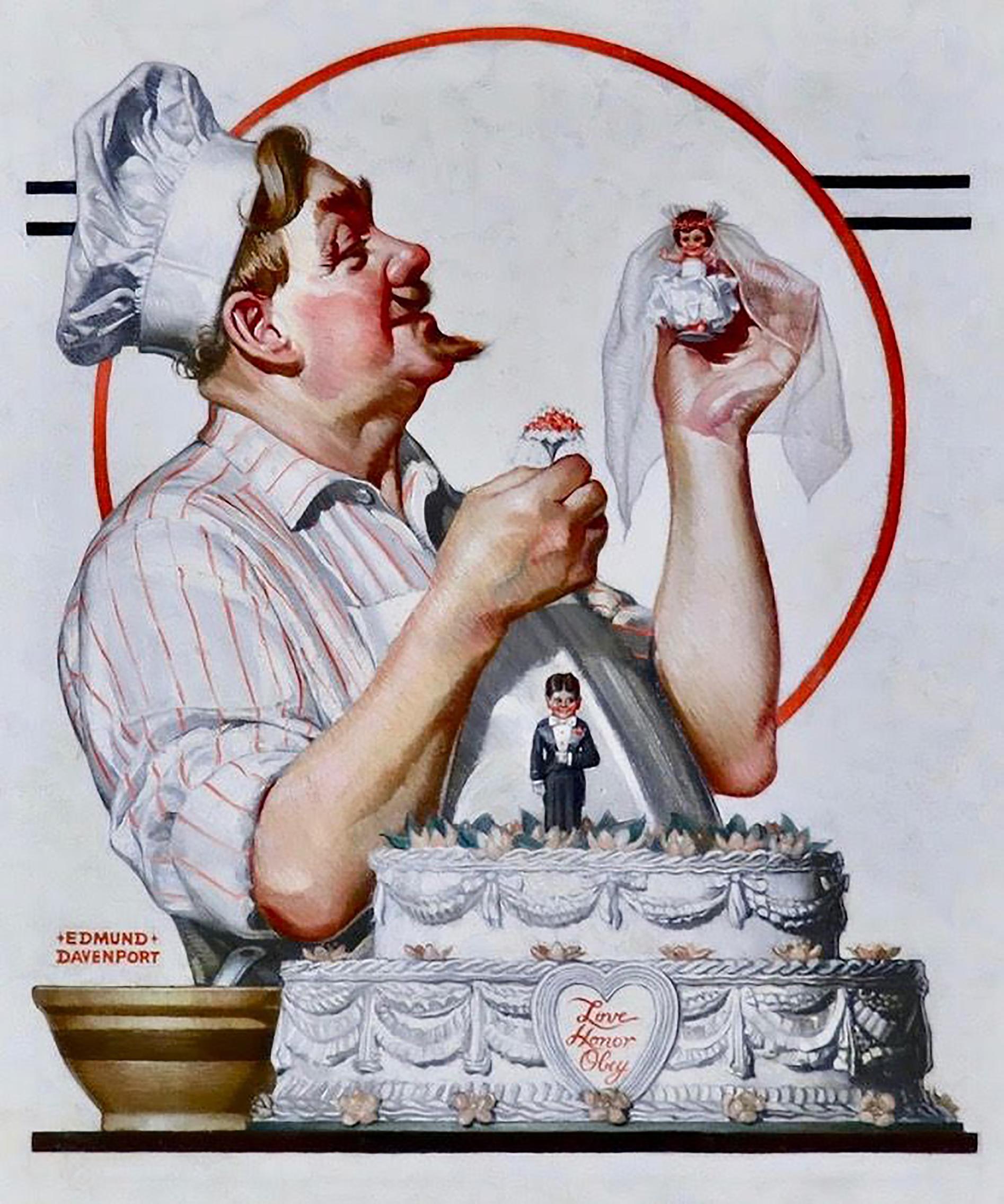 Figurative Painting Edmund Davenport - Le Chef et le gâteau de mariage, couverture de table de soirée du samedi
