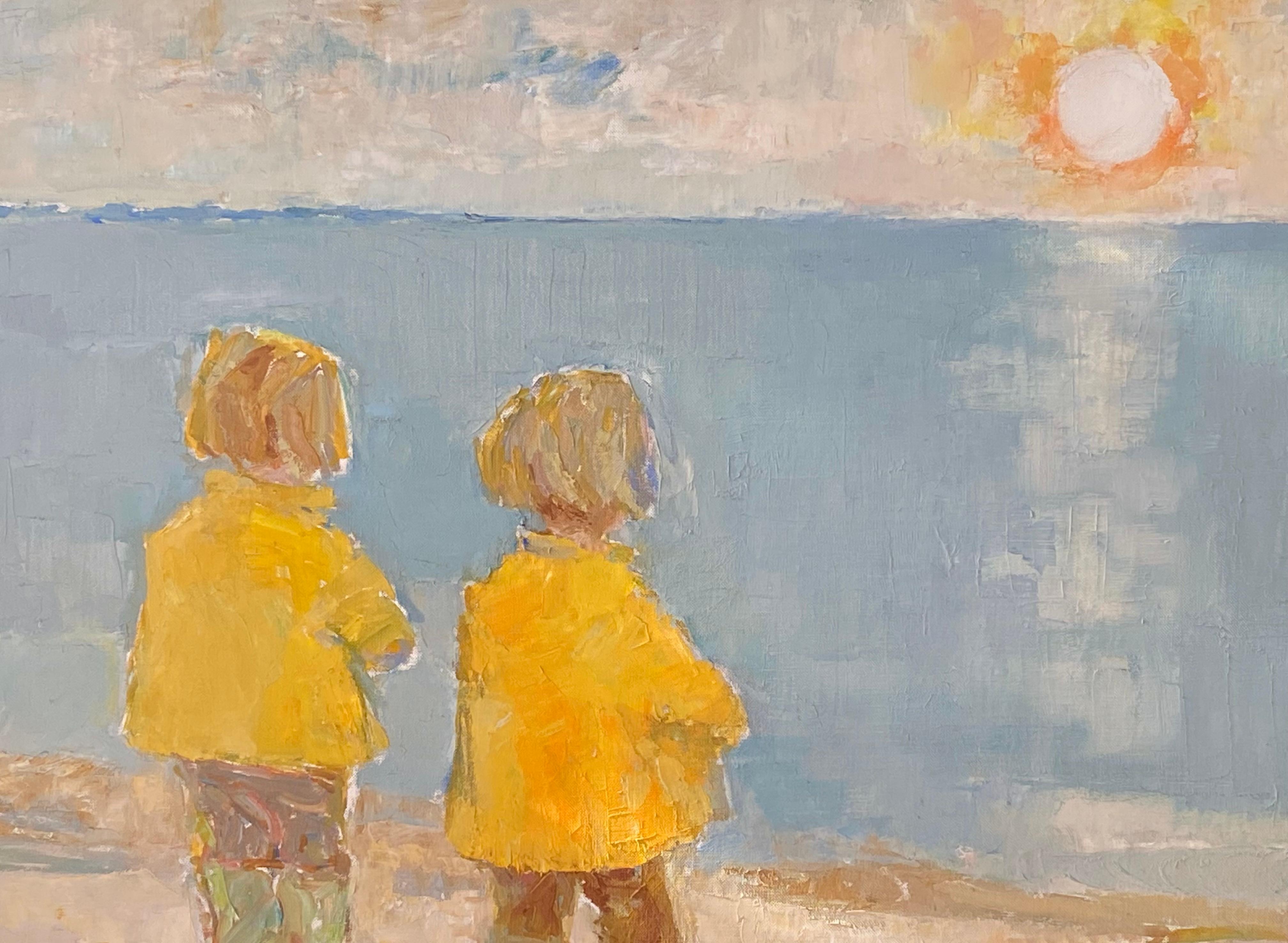 Oil on canvas painting by the Polish born artist, Ernest Kosmowski.  The painting is done with palette knife and brush typical of his style and children theme in the 1960’s. Two young children dressed in yellow at the beach watching a blue boat
