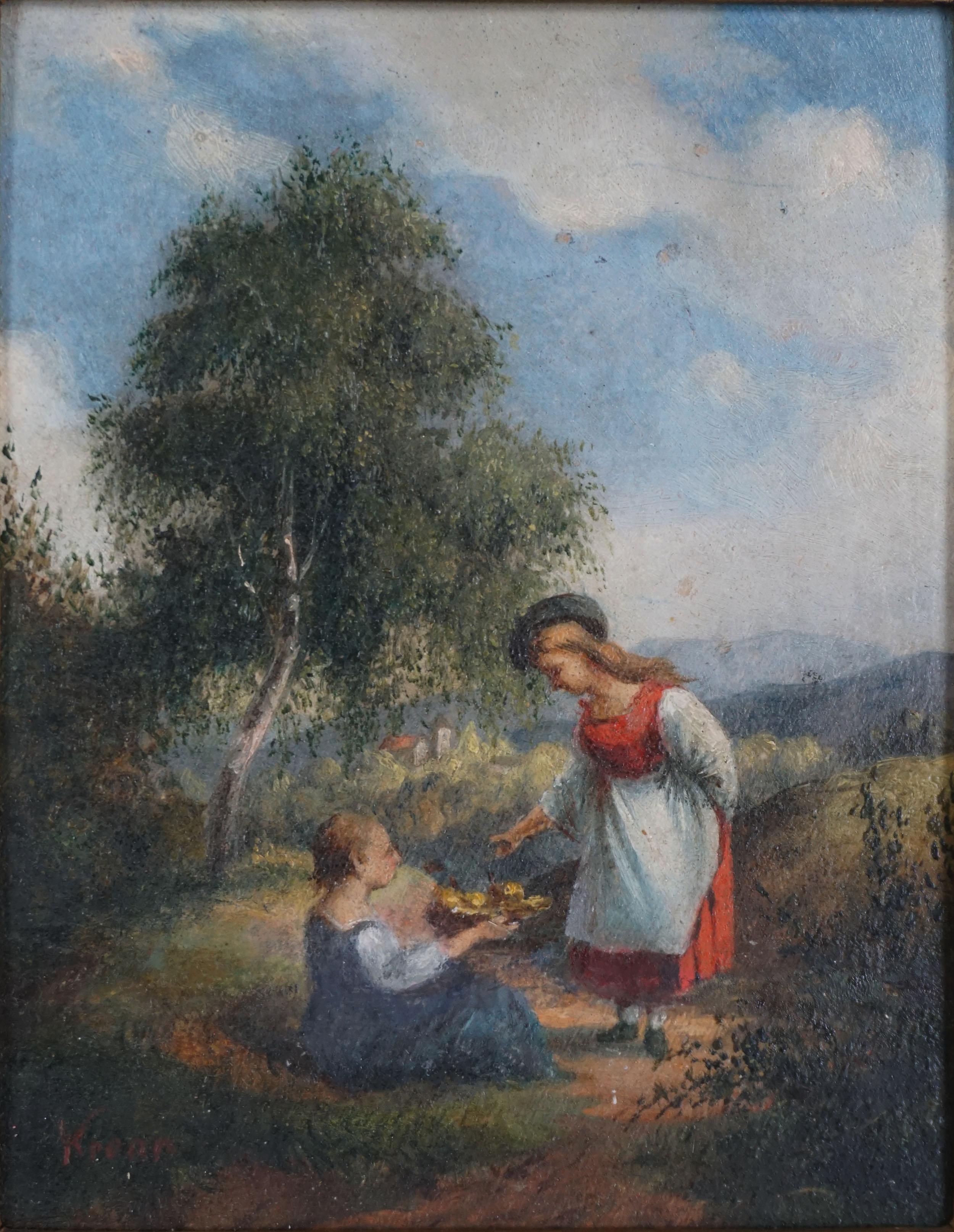 Miniature 19. Jahrhundert Österreichische Pastorale Öl auf Holz – Painting von Edmund Friedrich Arthur Krenn