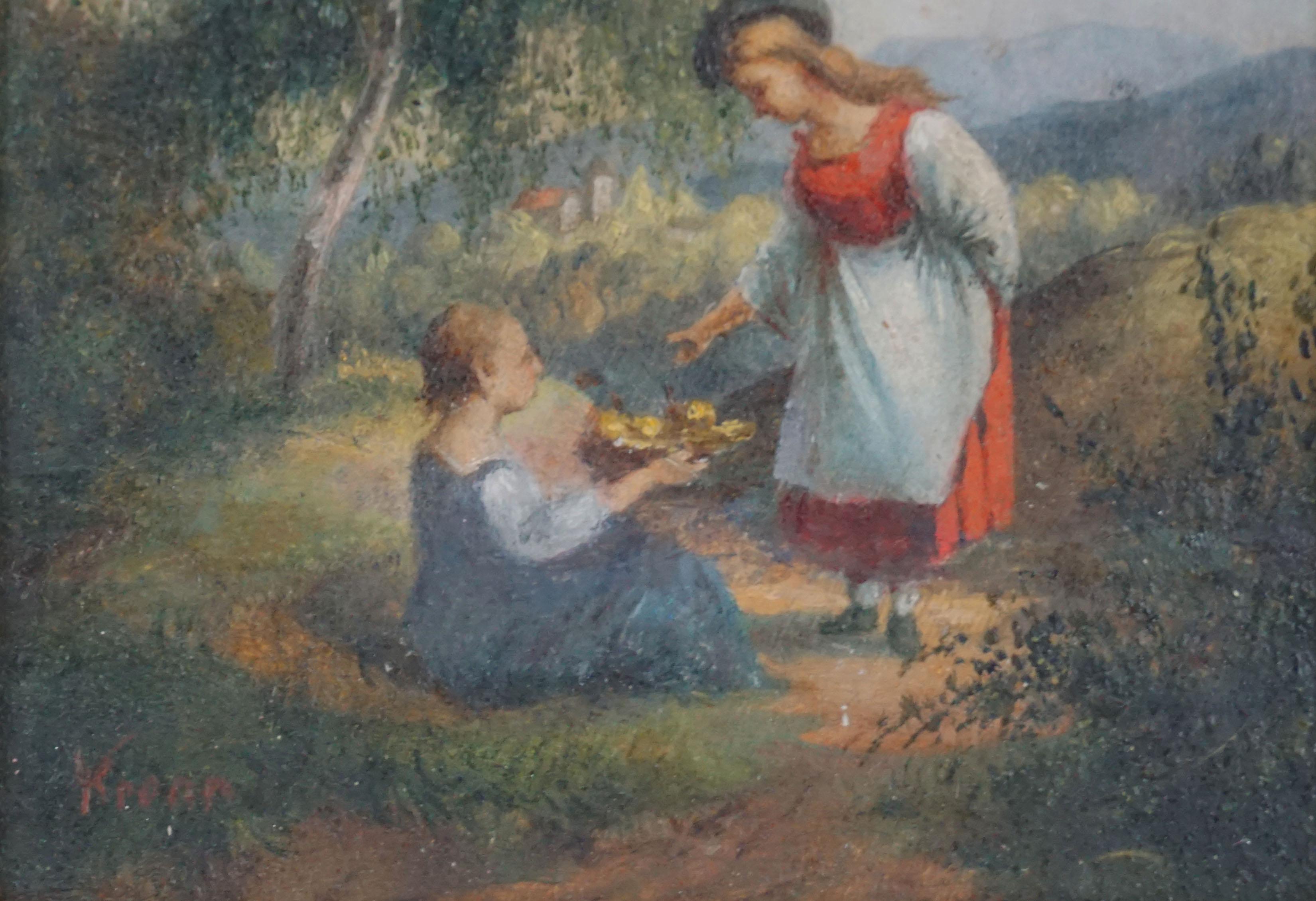 Miniature 19th Century Austrian Pastoral Oil on Wood - Romantic Painting by Edmund Friedrich Arthur Krenn