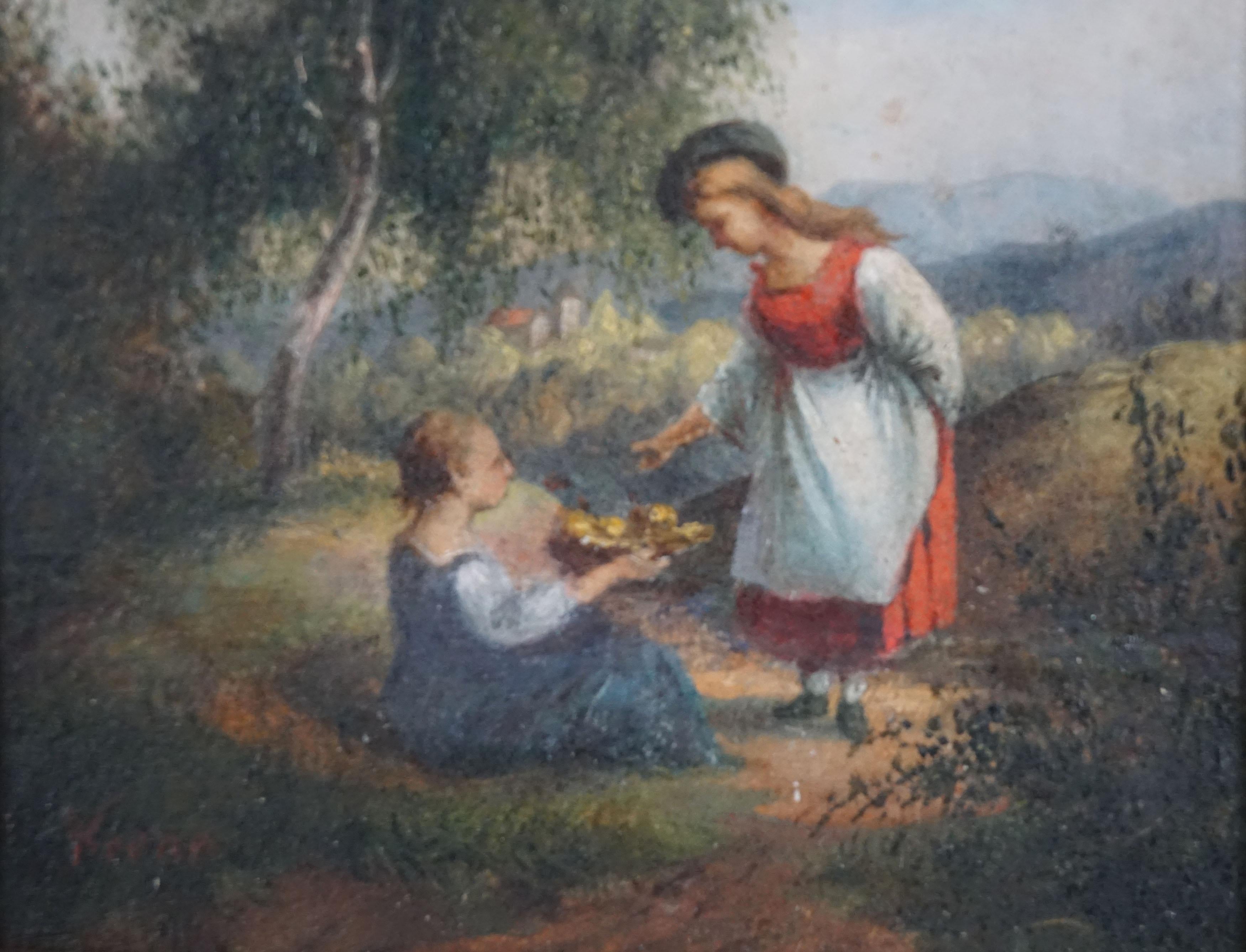 Original Miniature 19th Century Austrian Pastoral Figurative Oil Painting on Wood

Painted in the manner of late Romanticism, this charming miniature pastoral landscape by Edmund Friedrich Arthur Krenn (Austrian, 1846-1902), circa 1875. 

This