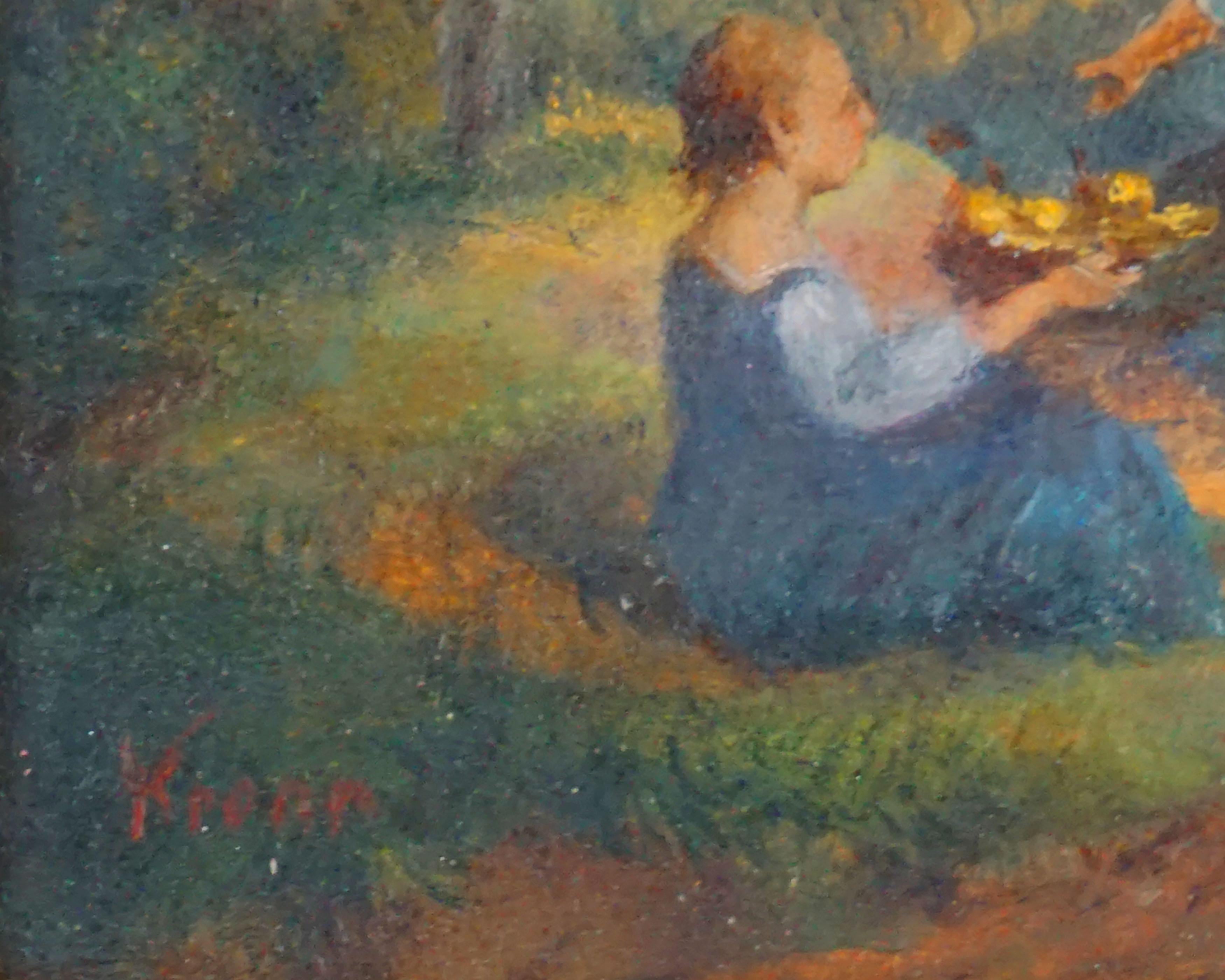 Miniatura originale dell'Ottocento austriaco, pittura pastorale figurativa su Wood

Dipinto alla maniera del tardo romanticismo, questo incantevole paesaggio pastorale in miniatura è opera di Edmund Friedrich Arthur Krenn (Austria, 1846-1902), circa