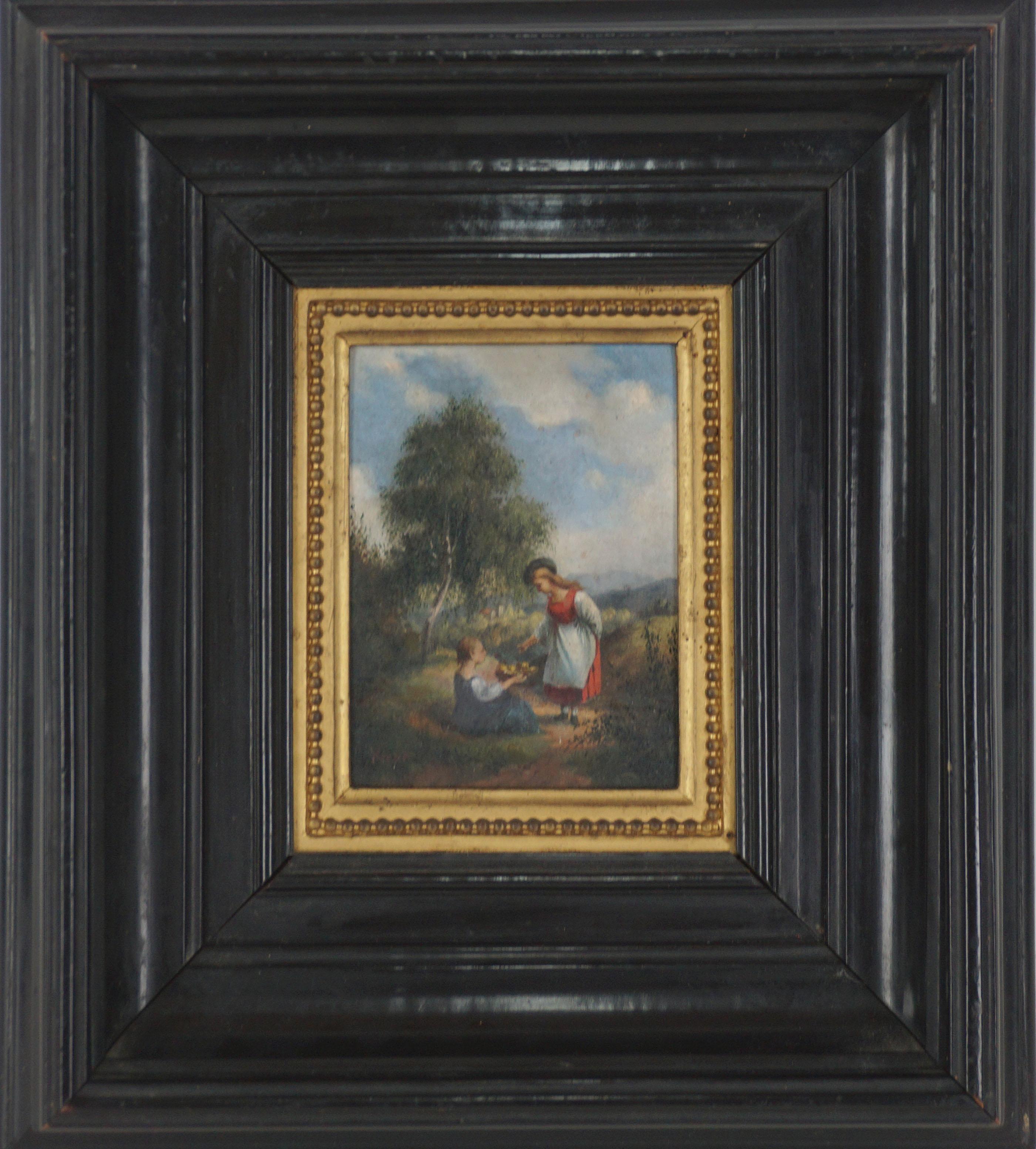 Edmund Friedrich Arthur Krenn Figurative Painting - Miniature 19th Century Austrian Pastoral Oil on Wood