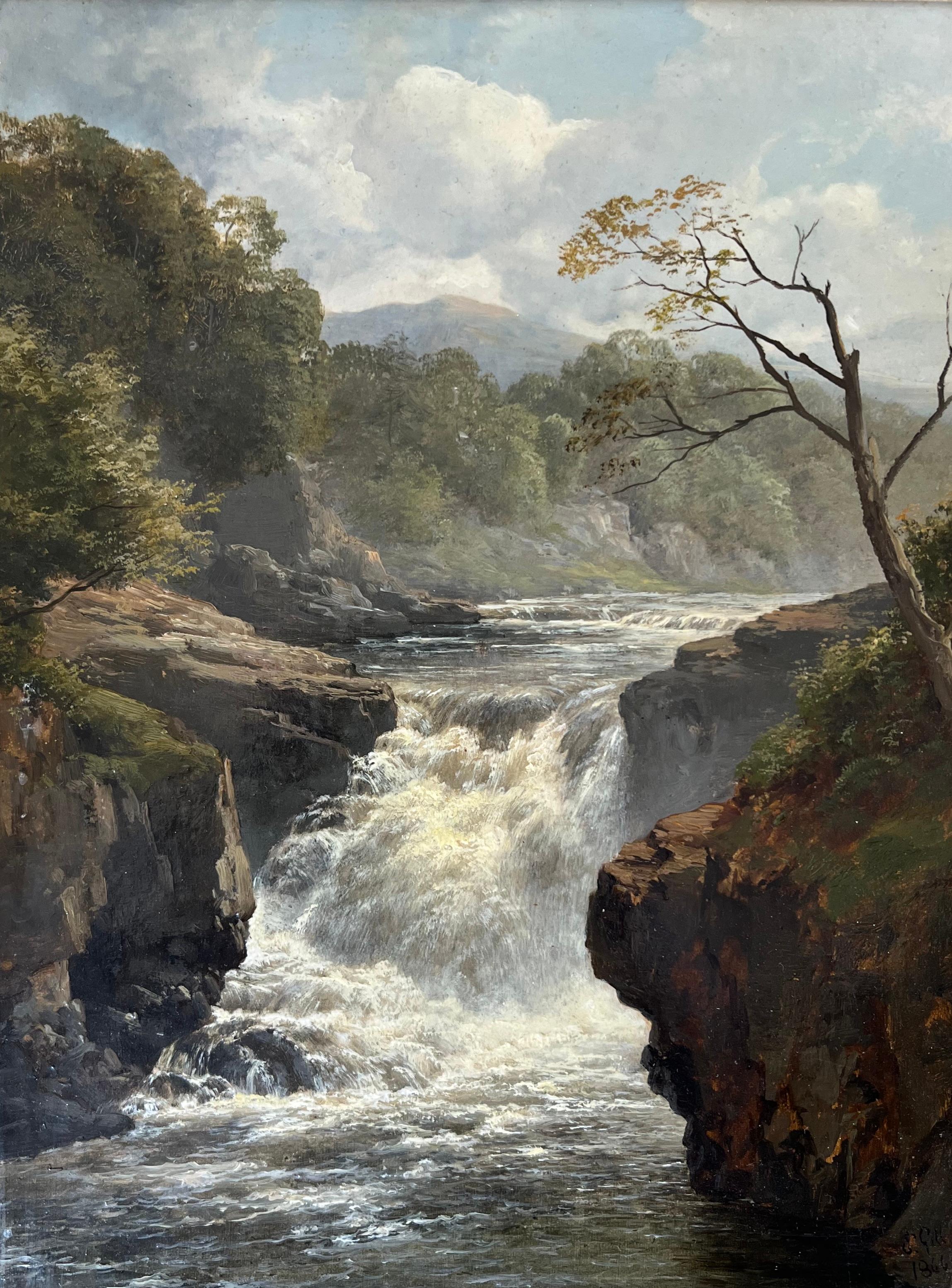Edmund Gill, Meraviglioso olio vittoriano delle cascate di Clyde, cascata, Scozia