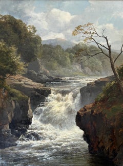 Edmund Gill, Wonderful Victorian oil of the Falls of Clyde, waterfall, Scotland