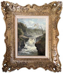 Edmund Gill, Wonderful Victorian oil of the Falls of Clyde, waterfall, Scotland