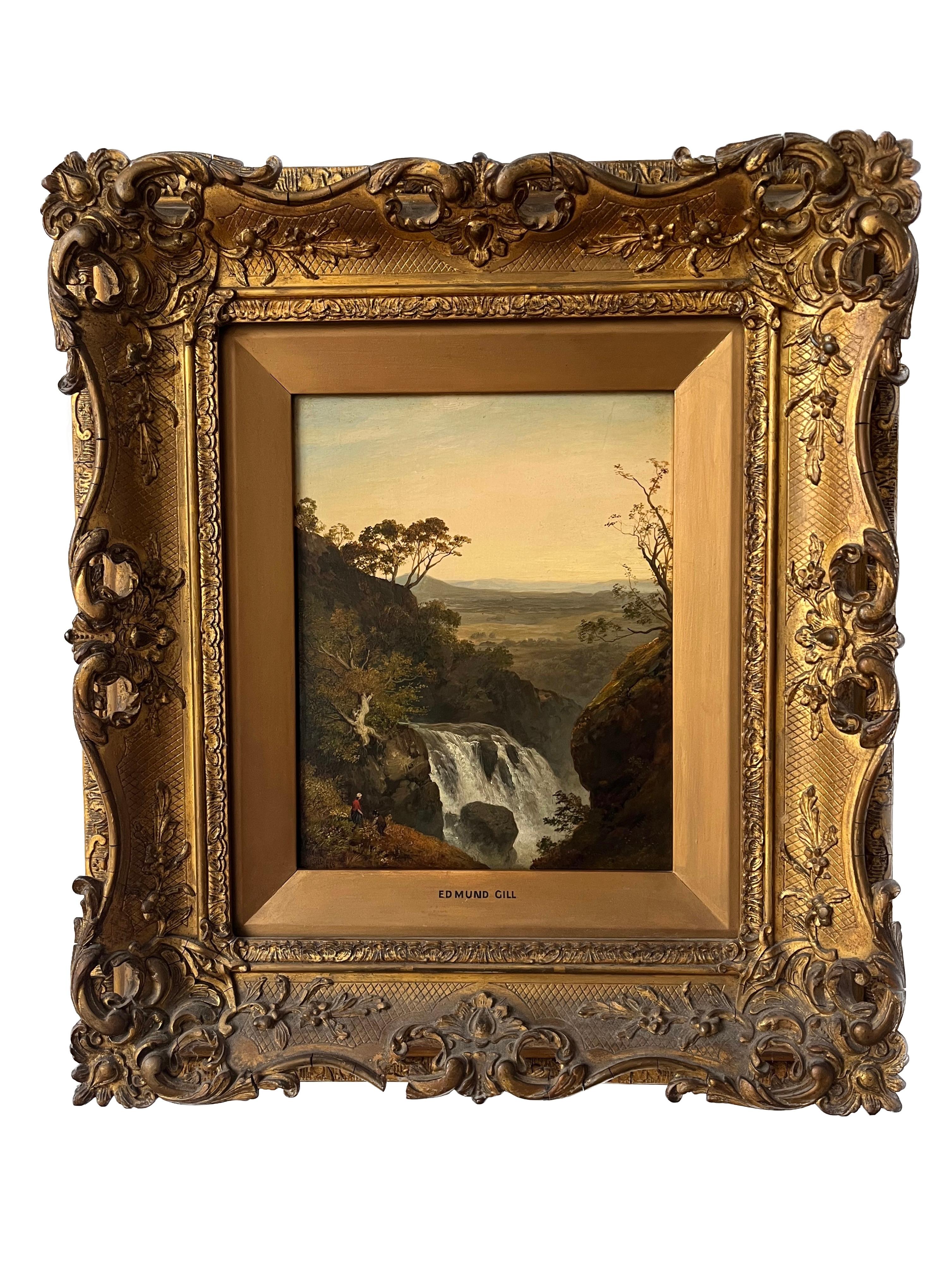 Wonderful Victorian oil of a waterfall in the Welsh or English mountains - Painting by Edmund Gill
