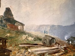 Extensive English Victorian Shore side scene with horses, dogs and people