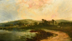 Huge Victorian British Signed Painting Tranquil River Thames Pastoral Landscape