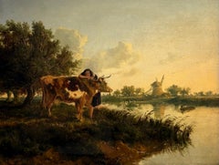 Fine British Victorian Landscape Cattle & Girl by Pond Sunset Golden Landscape