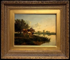 Fine British Victorian Landscape Cattle & Girl by Pond Sunset Golden Landscape