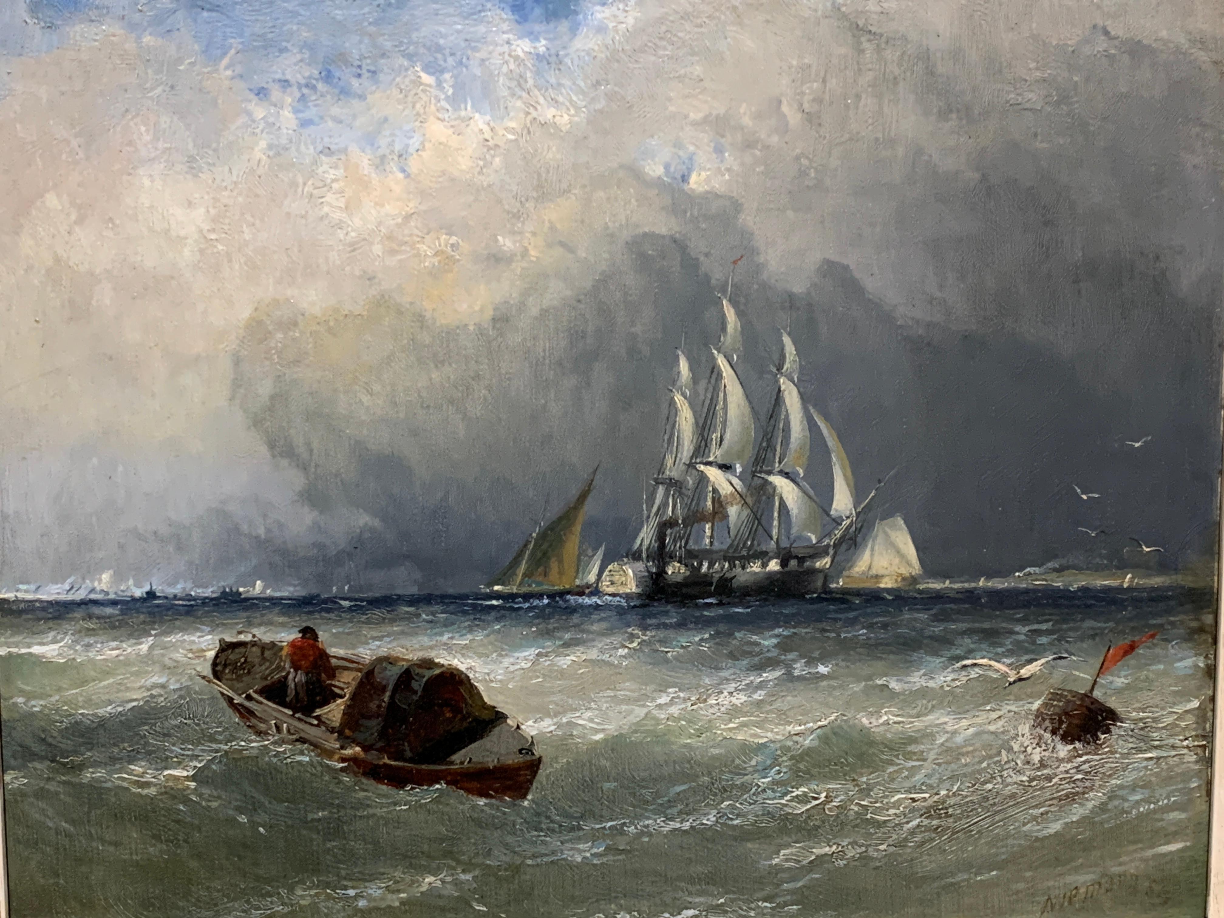 English Yacht, Sail Boat and Steamer off a coast with stormy sky. - Painting by Edmund John Niemann