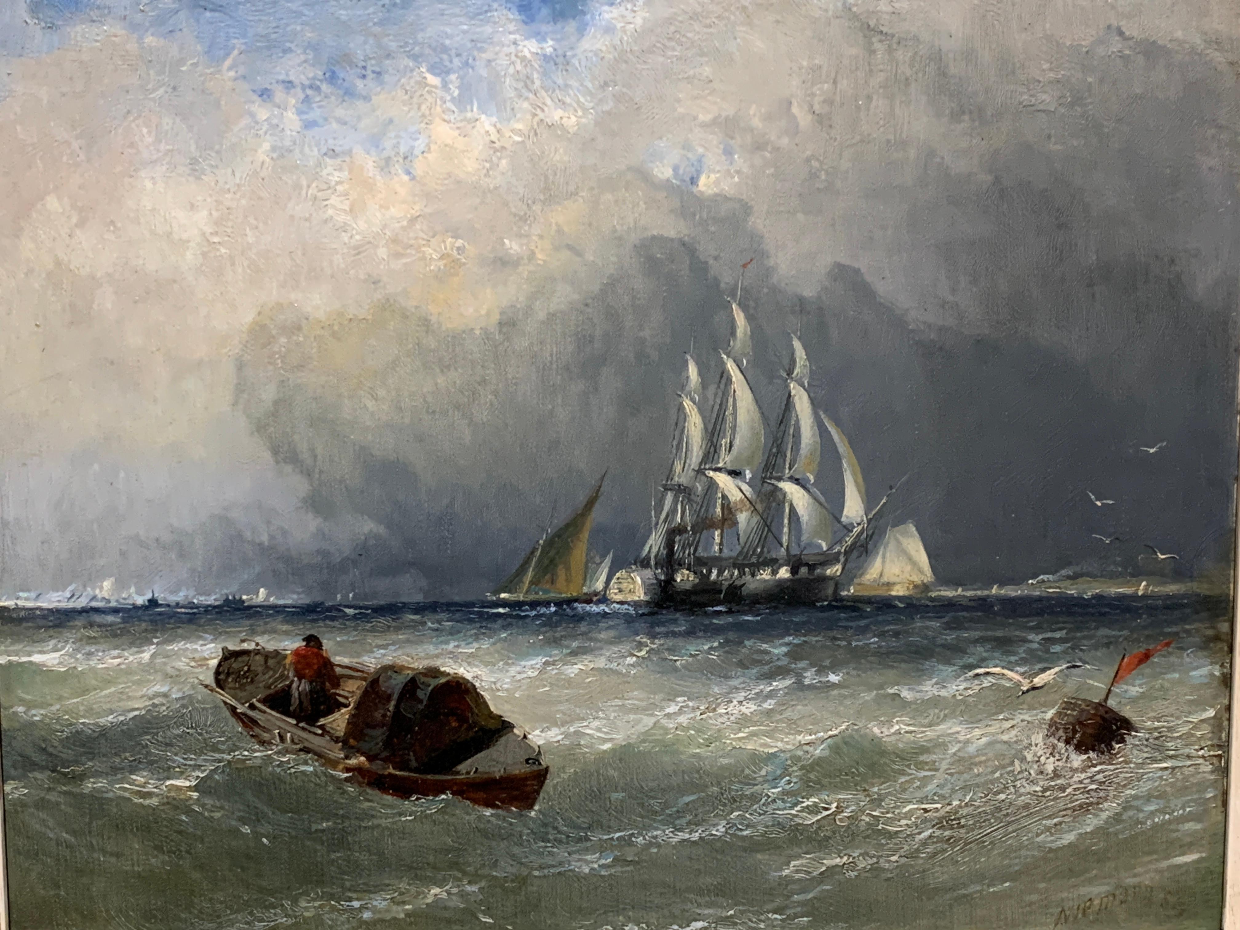 Yacht inglese, barca a vela e piroscafo al largo di una costa con cielo tempestoso. - Painting di Edmund John Niemann