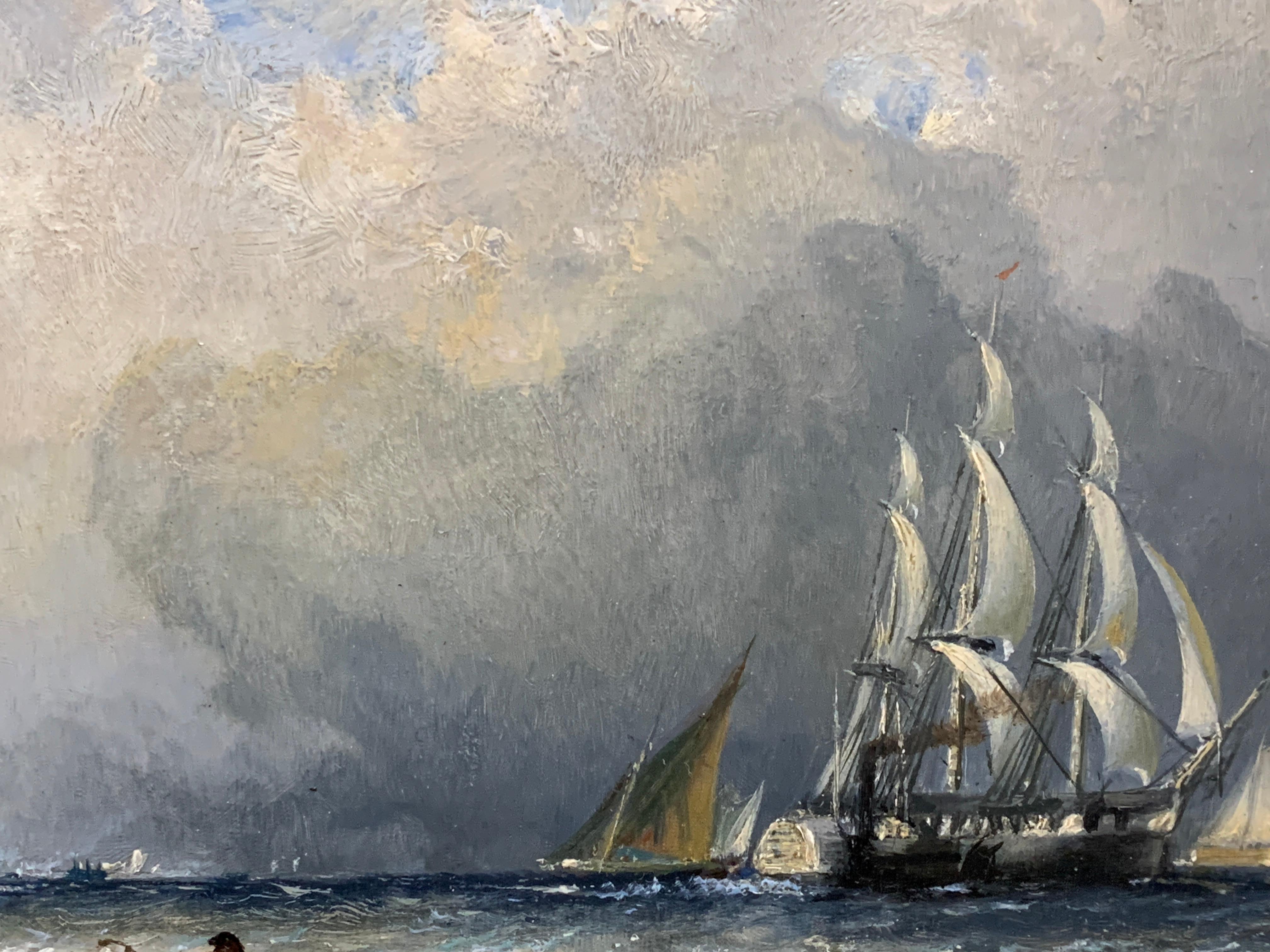 English Yacht, Sail Boat and Steamer off a coast with stormy sky. - Victorian Painting by Edmund John Niemann