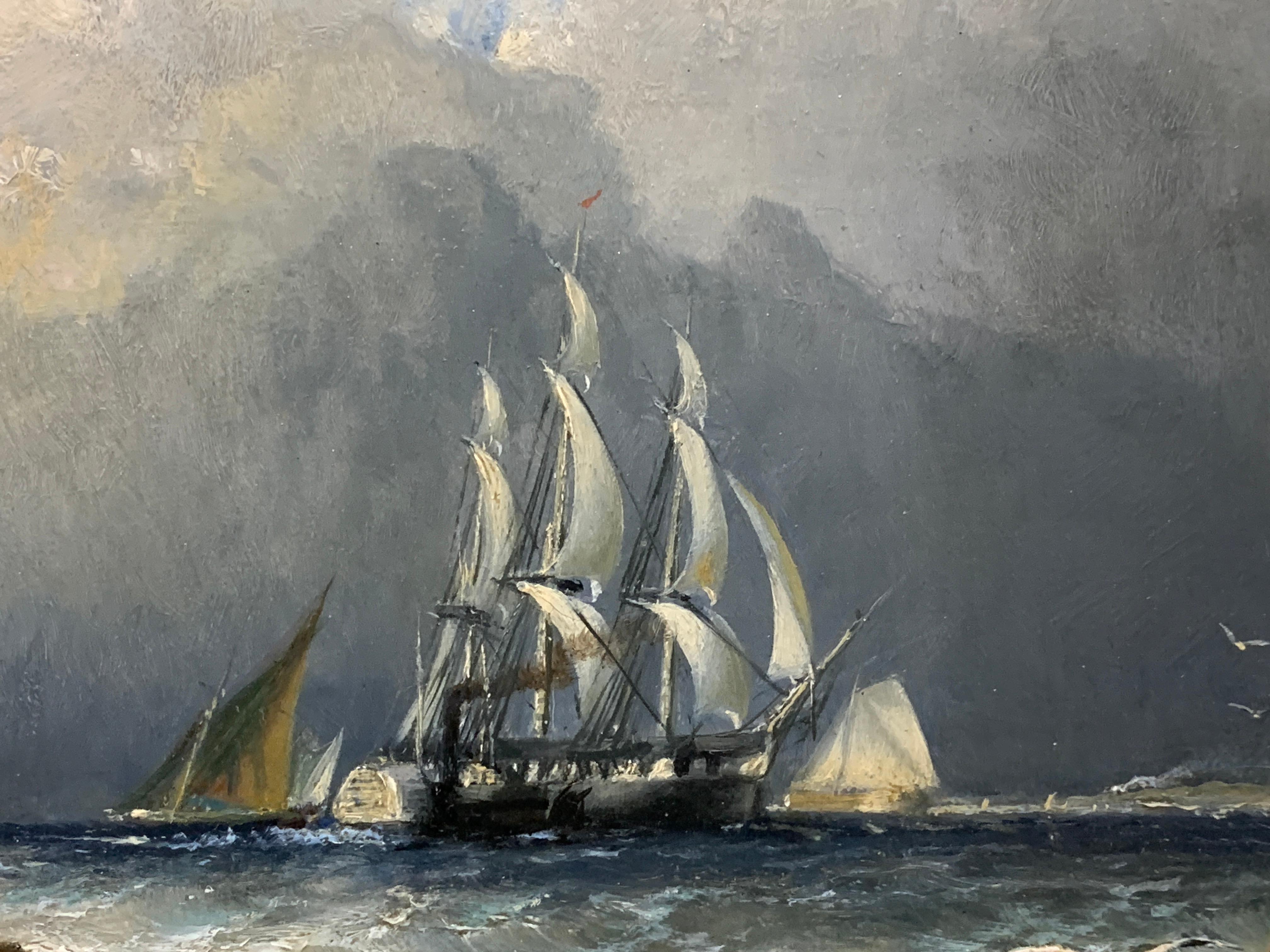 19th-century English yacht, sailboat, and steamer off a coast with a stormy sky.

 John Niemann was a prolific and highly successful British landscape artist working mostly in oils. He was born in Islington, London in 1813. His father, John Diedrich