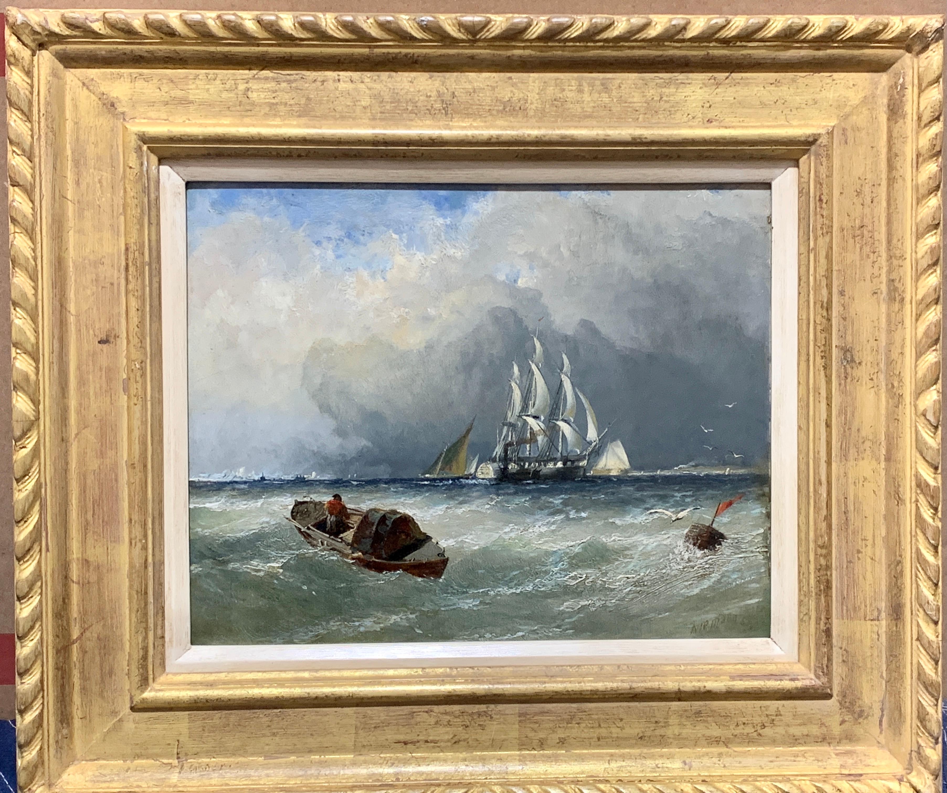 Landscape Painting di Edmund John Niemann - Yacht inglese, barca a vela e piroscafo al largo di una costa con cielo tempestoso.