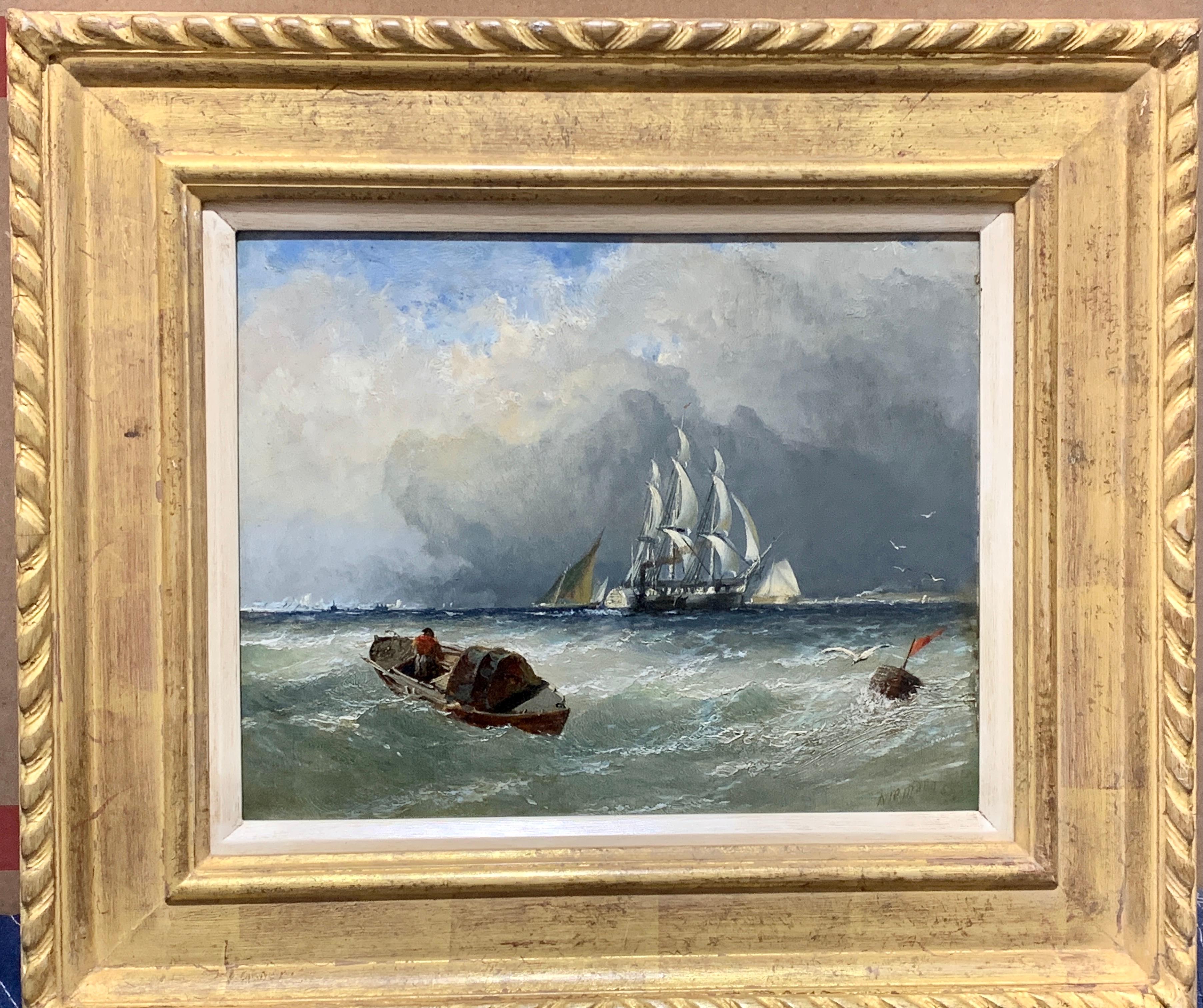 Edmund John Niemann Landscape Painting - English Yacht, Sail Boat and Steamer off a coast with stormy sky.