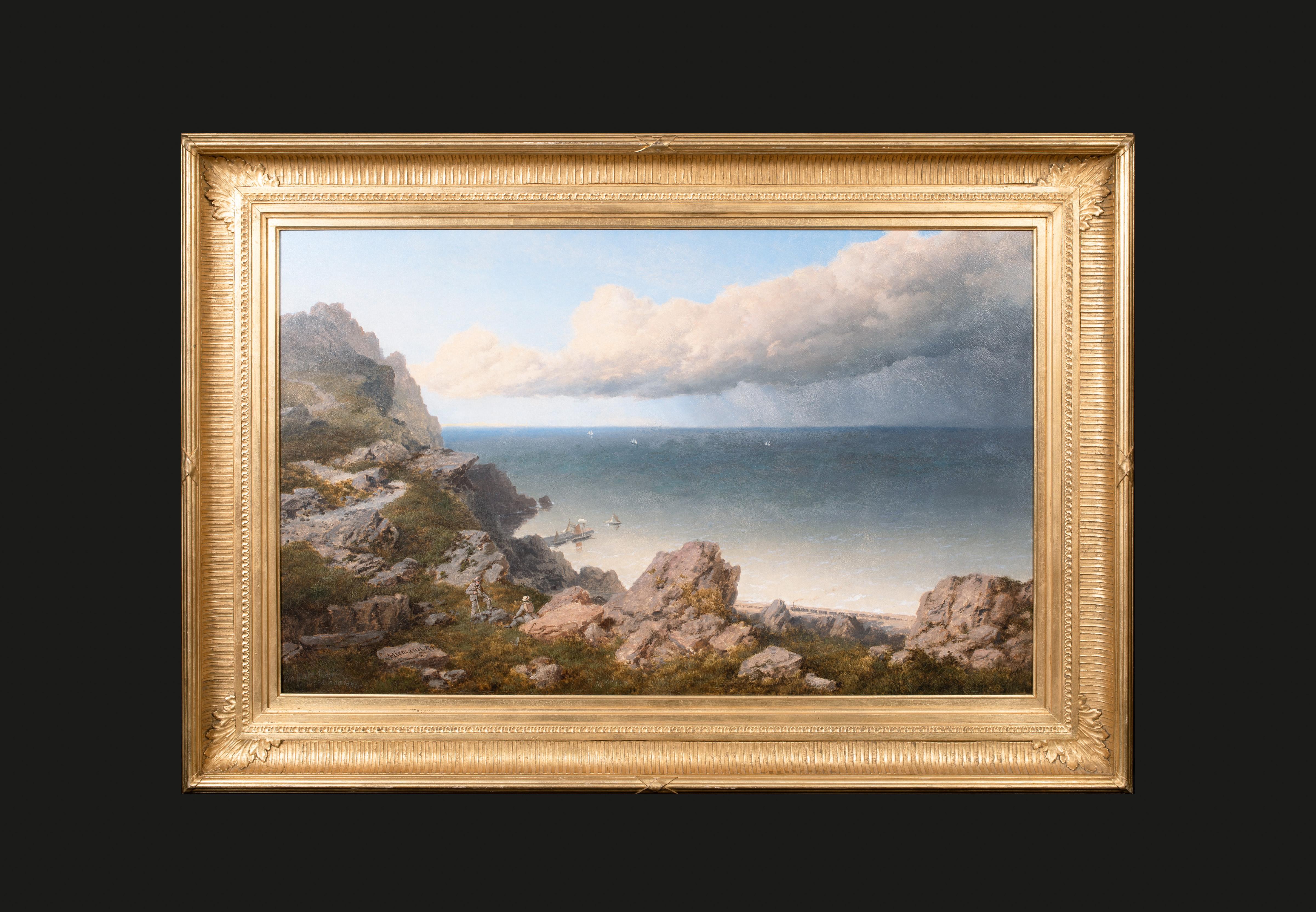 Vista di Pen Maen Mawr, Anglesey in lontananza, datata 1864 - Painting di Edmund John Niemann