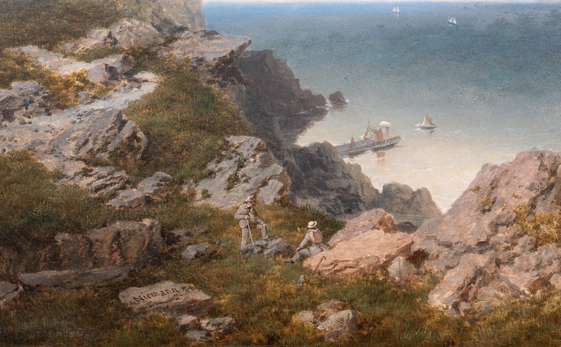 View of Pen Maen Mawr, Anglesey in the distance, dated 1864 - Brown Landscape Painting by Edmund John Niemann