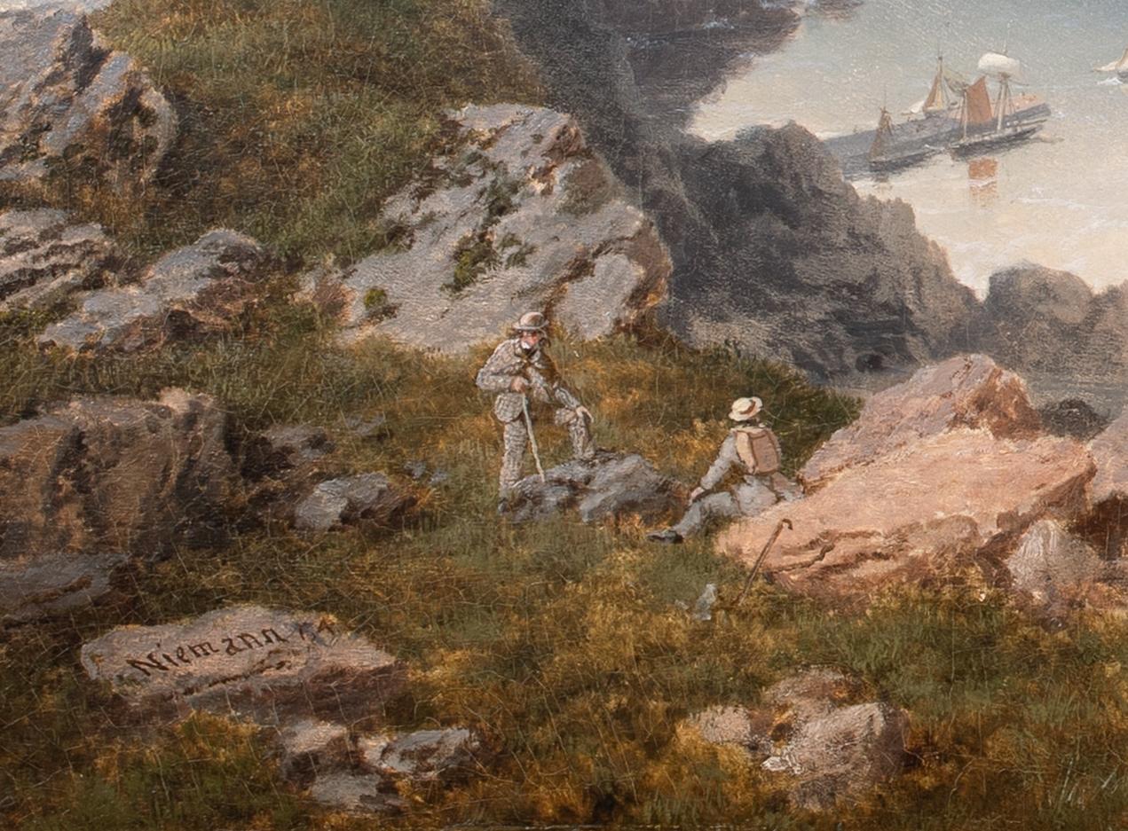 View of Pen Maen Mawr, Anglesey in the distance, dated 1864

by Edmund John Niemann (1813-1876)

Large 19th Century view of Pen Maen Mawr looking towards Anglesey, oil on canvas by Edmund John Niemann. Excellent quality panoramic view looking