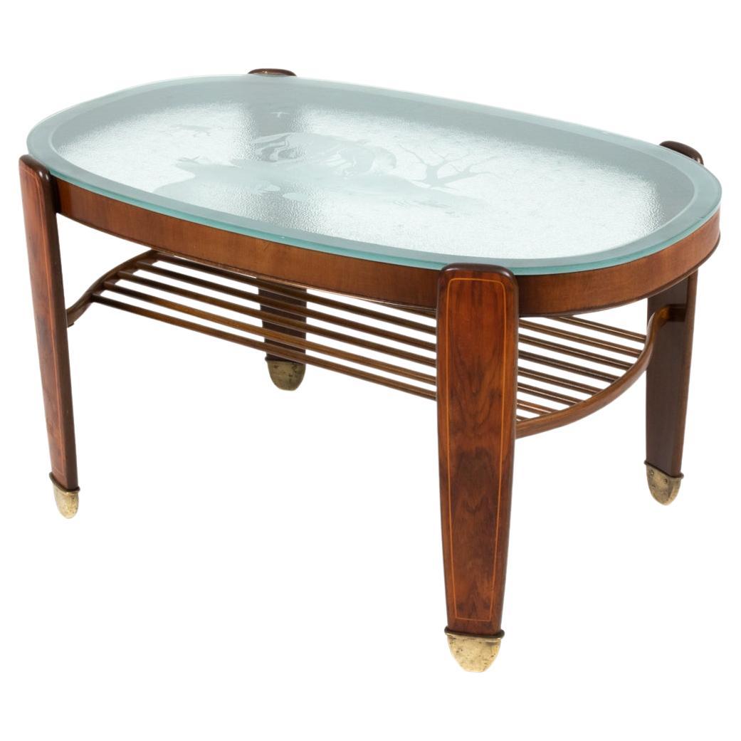 Edmund Jørgensen Danish Art Deco Coffee Table with Scenic Etched Glass Top For Sale