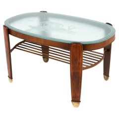 Edmund Jørgensen Danish Art Deco Coffee Table with Scenic Etched Glass Top