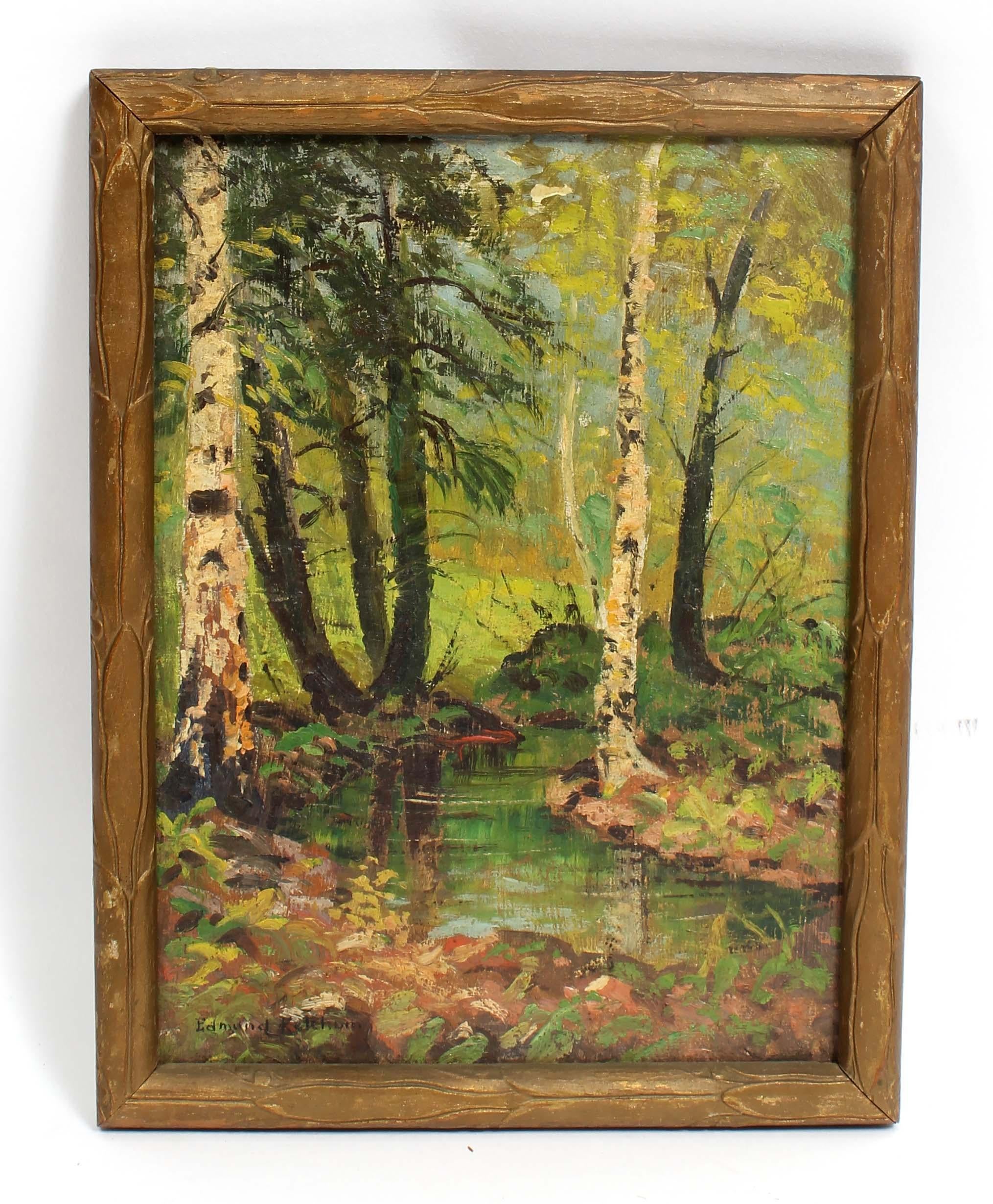 Edmund Ketchum Landscape Painting - Miniature Oil Painting American Impressionist 19th Century Forrest Interior 