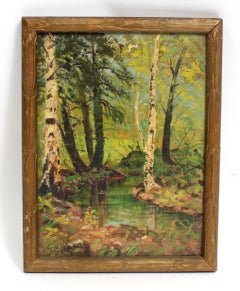 Miniature Oil Painting American Impressionist 19th Century Forrest Interior 