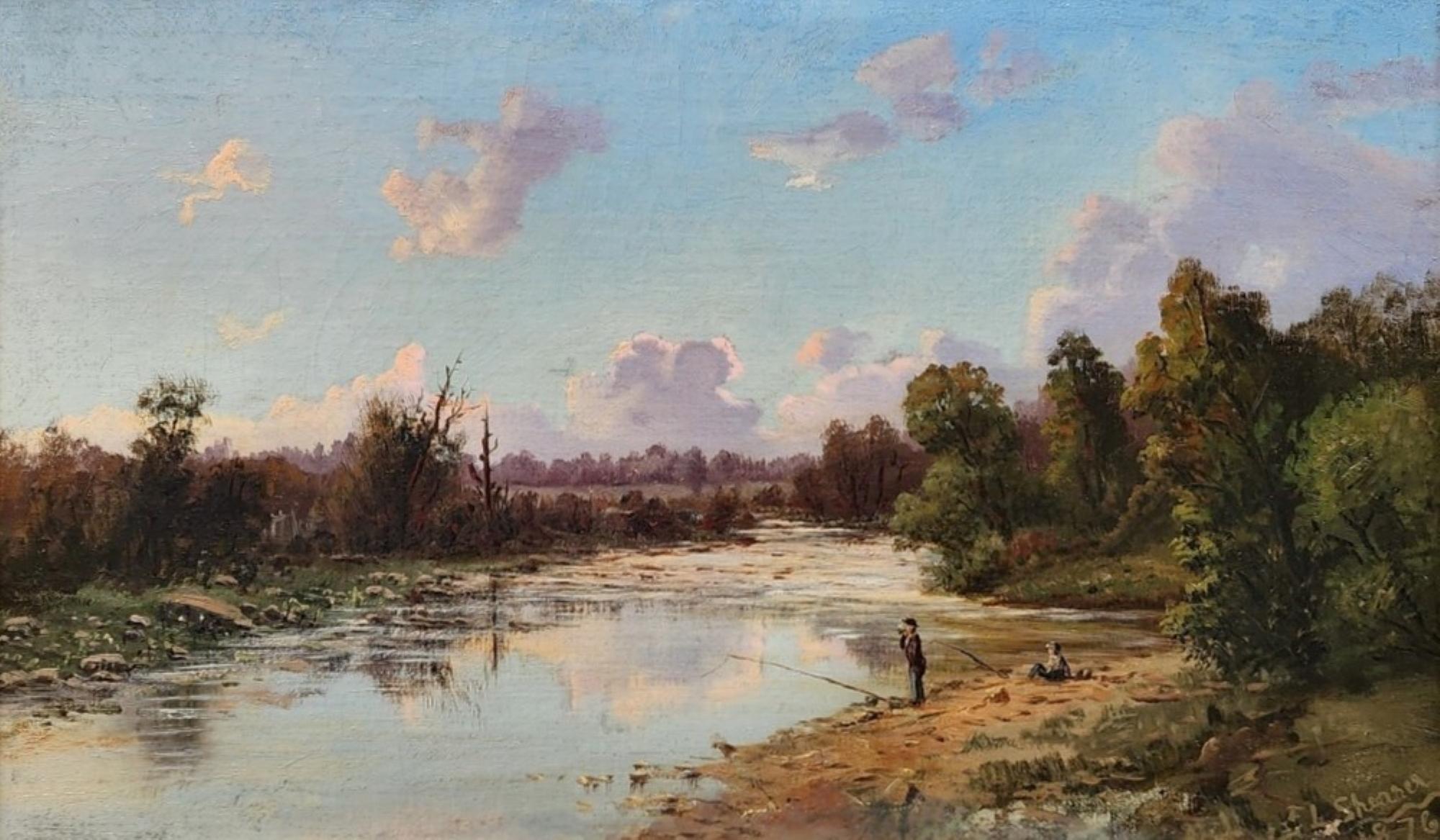 Lungo il fiume, dipinto della Scuola del fiume Hudson del 1876, paesaggio bucolico, pesca - Painting di Edmund Leaf Shearer