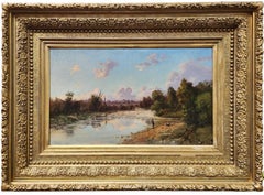 Antique Along The River, 1876 Hudson River School Painting, Bucolic Landscape, Fishing
