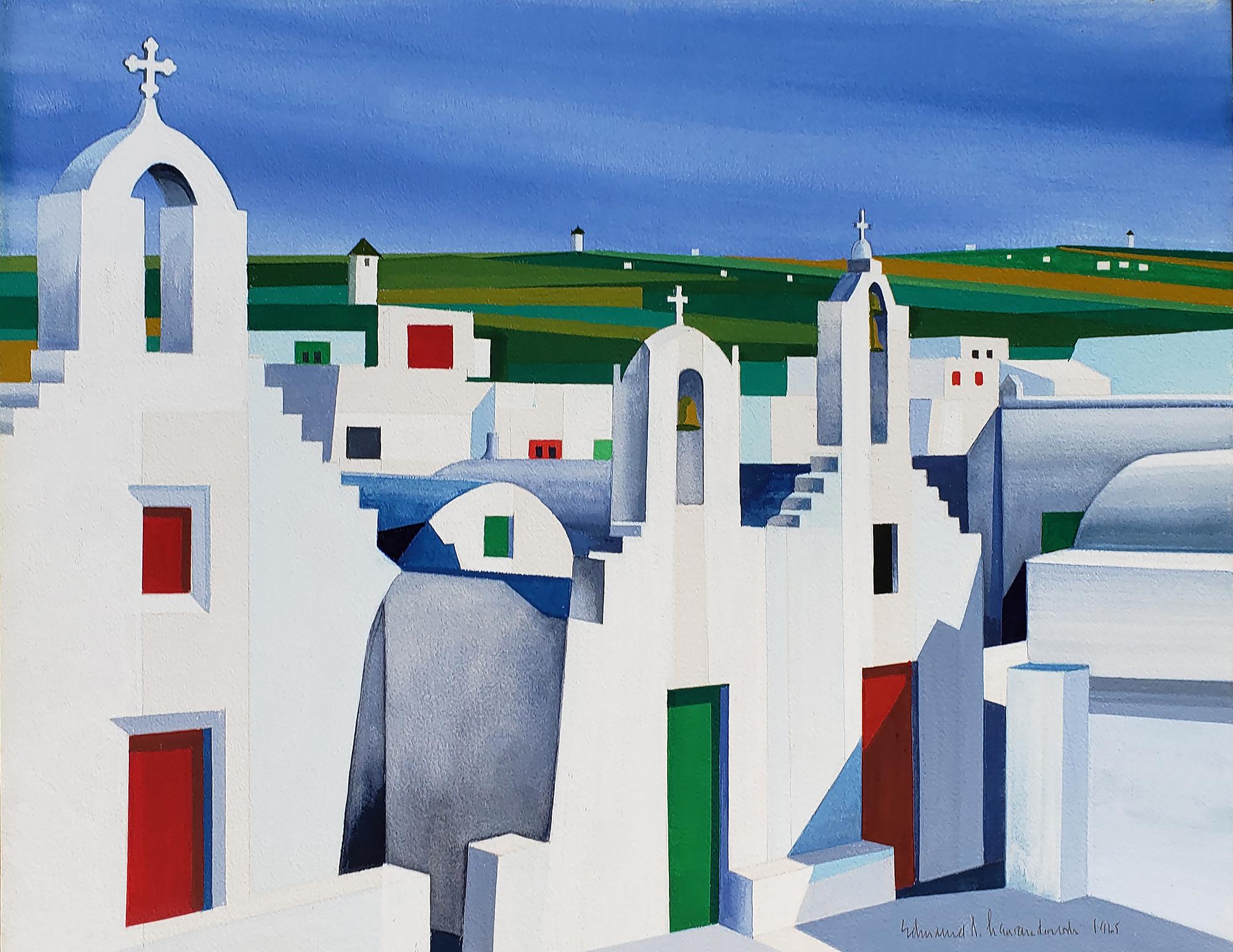 Edmund Lewandowski Abstract Painting - Mykonos Church Landscape 
